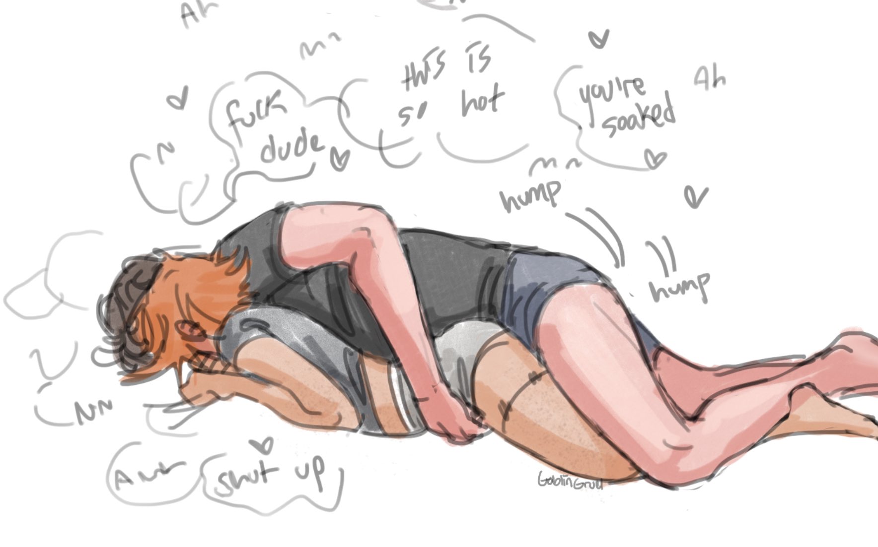 1boy, 1girls, blush, clothed, couple, couple (romantic), dry humping, embarrassed, english, english text, female, goblingruel, grinding, heart, humping, male, male/female, original, original character, original characters, straight, text, tomboy, wholesome