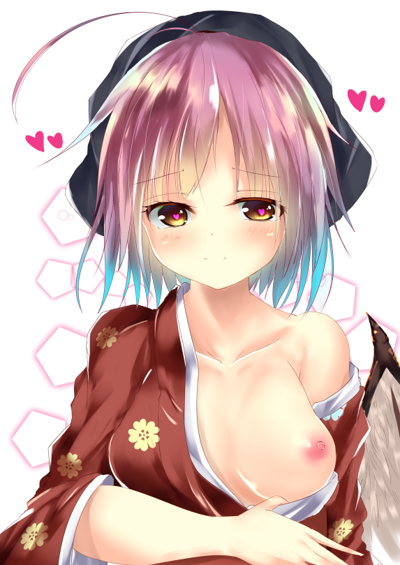 animal_ears areolae breasts breasts_out clothes_down feathered_wings female floral_print head_scarf heart heart-shaped_pupils japanese_clothes light_smile looking_at_viewer mikage000 mikagemaru_(mikage000) mystia_lorelei nipples okamisty pink_hair short_hair solo symbol-shaped_pupils tasuki touhou wings