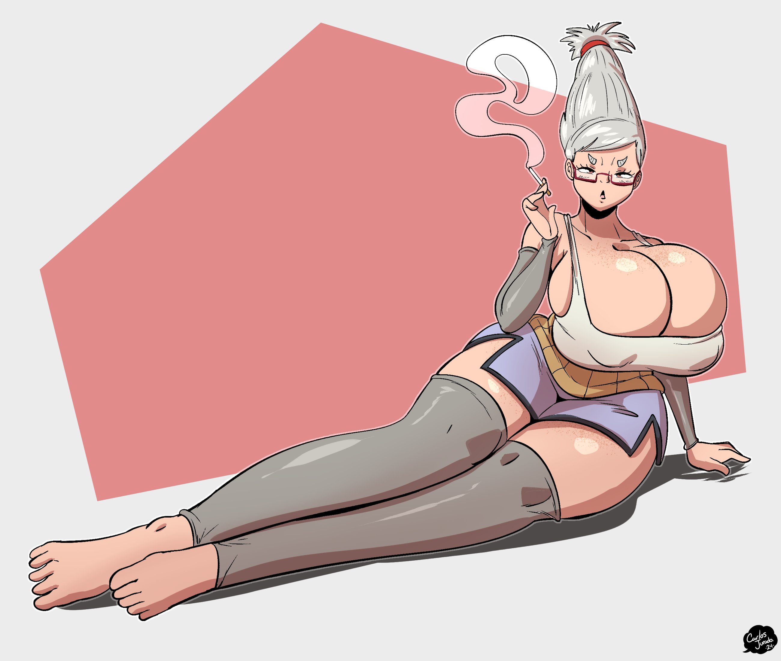 1girls, ayase seiko, big breasts, breasts, carlos jurado cartoons, cigarette, cleavage, dandadan, dolphin shorts, female, gilf, grandmother, huge breasts, light skin, light-skinned female, shorts, voluptuous, voluptuous female, white hair