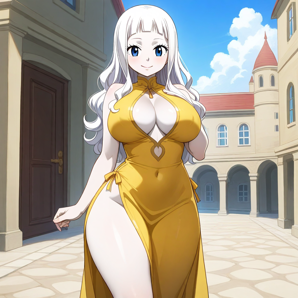 ai_generated big_breasts blue_eyes fairy_tail female female_only mirajane_strauss sensual short_bangs thick_thighs white_hair white_skin yellow_dress