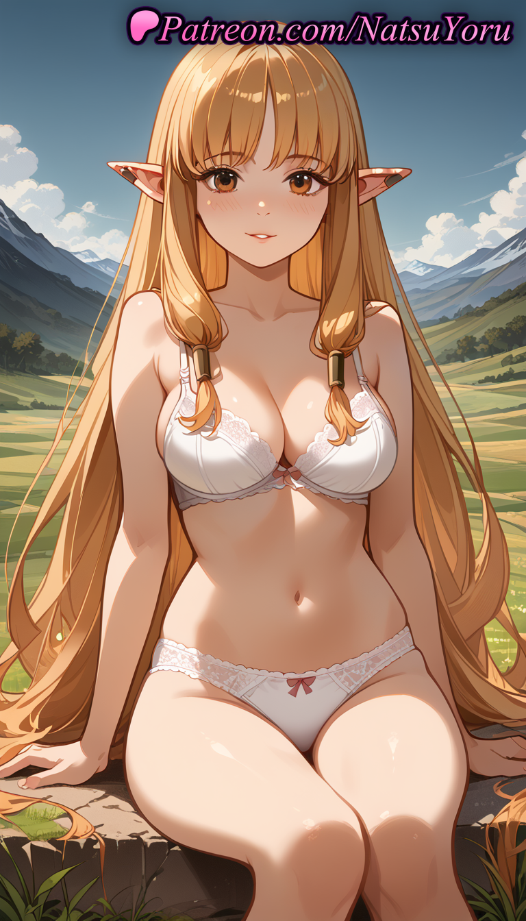 1girls ai_generated anime anime_style bangs bare_arms bare_shoulders blonde_hair blue_sky blush bow bow_bra bow_panties bra breasts brown_eyes bust busty cleavage cloud collarbone day elf feet_out_of_frame female female_focus female_only frieren_beyond_journey&#039;s_end grass hair_tubes hentai lace-trimmed_bra lace_trim large_breasts long_hair looking_at_viewer medium_breasts mountain natsuyoru navel outdoors panties parted_bangs parted_lips pointy_ears serie_(sousou_no_frieren) sidelocks sitting sky smile solo solo_female sousou_no_frieren stomach thighs underwear underwear_only very_long_hair voluptuous voluptuous_female white_bra white_panties