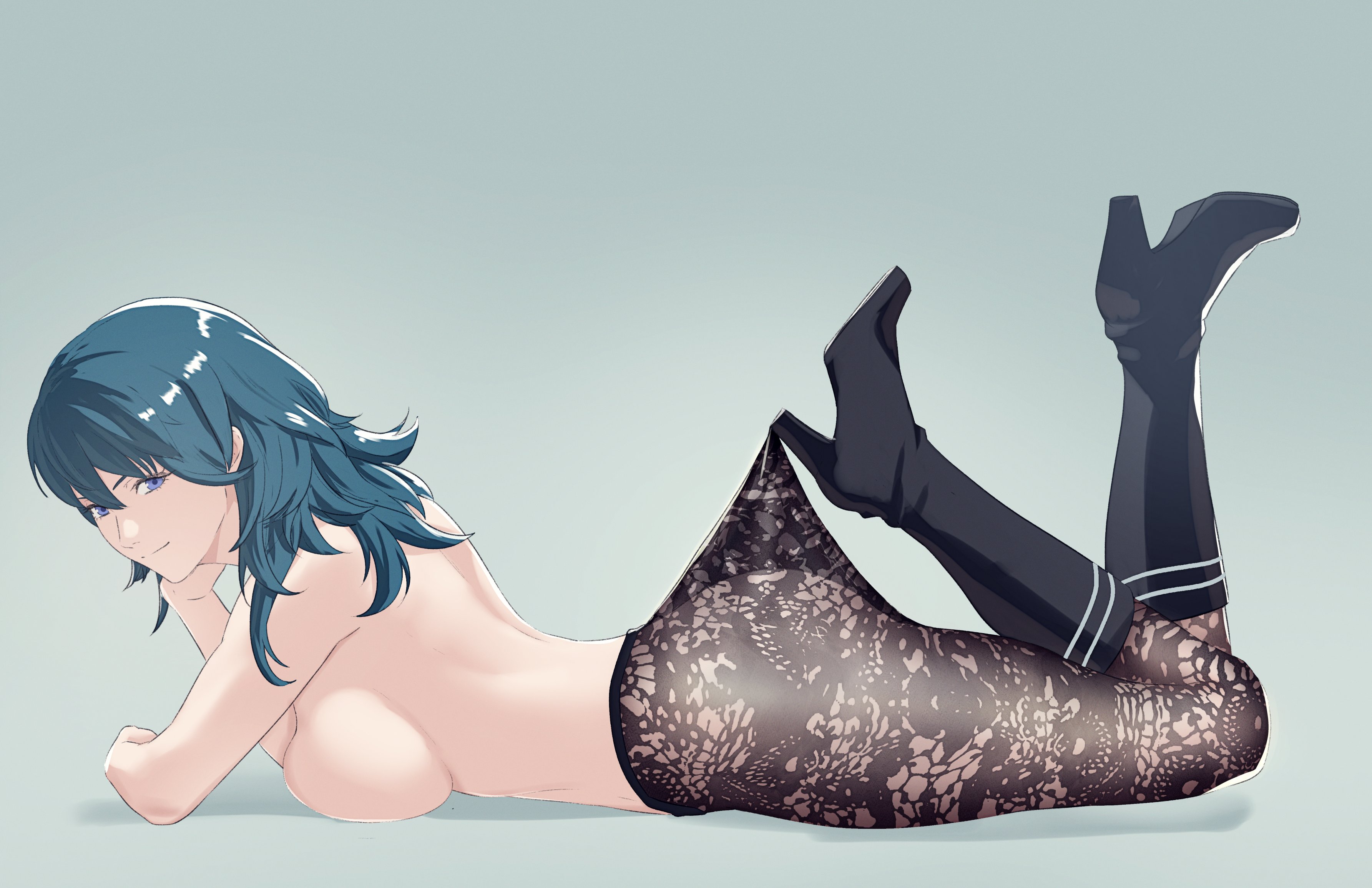 1girls, absurdres, arm support, back, big ass, blue eyes, blue hair, boots, breast press, breasts, byleth (fire emblem), byleth (fire emblem) (female), feet up, female, female only, fire emblem, fire emblem: three houses, grey background, high heels, highres, lace, lace pantyhose hooked on heel (meme), large breasts, legwear, long hair, looking at viewer, lying, medium hair, meme, nintendo, on stomach, pantyhose, pomelomelon, smile, solo, solo female, the pose, topless, topless female