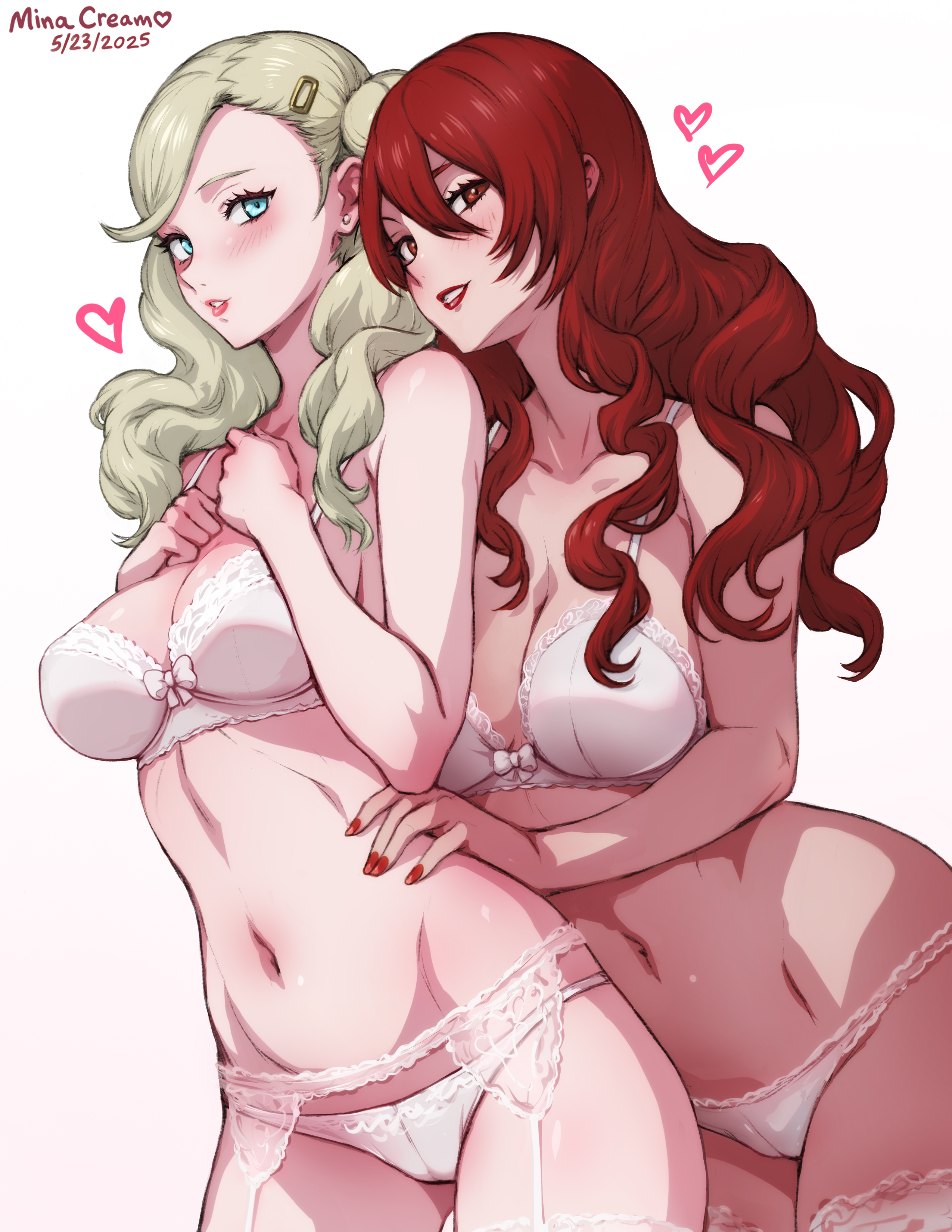 2girls, ann takamaki, big breasts, blonde hair, blue eyes, blush, blushing, bottomwear, bow, bow bra, bra, breasts, cameltoe, female, front view, garter belt, hand on hip, lingerie, lingerie only, lipstick, looking at viewer, minacream, mitsuru kirijo, nail polish, navel, panties, persona, persona 3, persona 3 reload, persona 5, persona 5 royal, red eyes, red hair, red nails, thick thighs, thighhighs, thighs, topwear, underwear, white bra, white panties, white underwear
