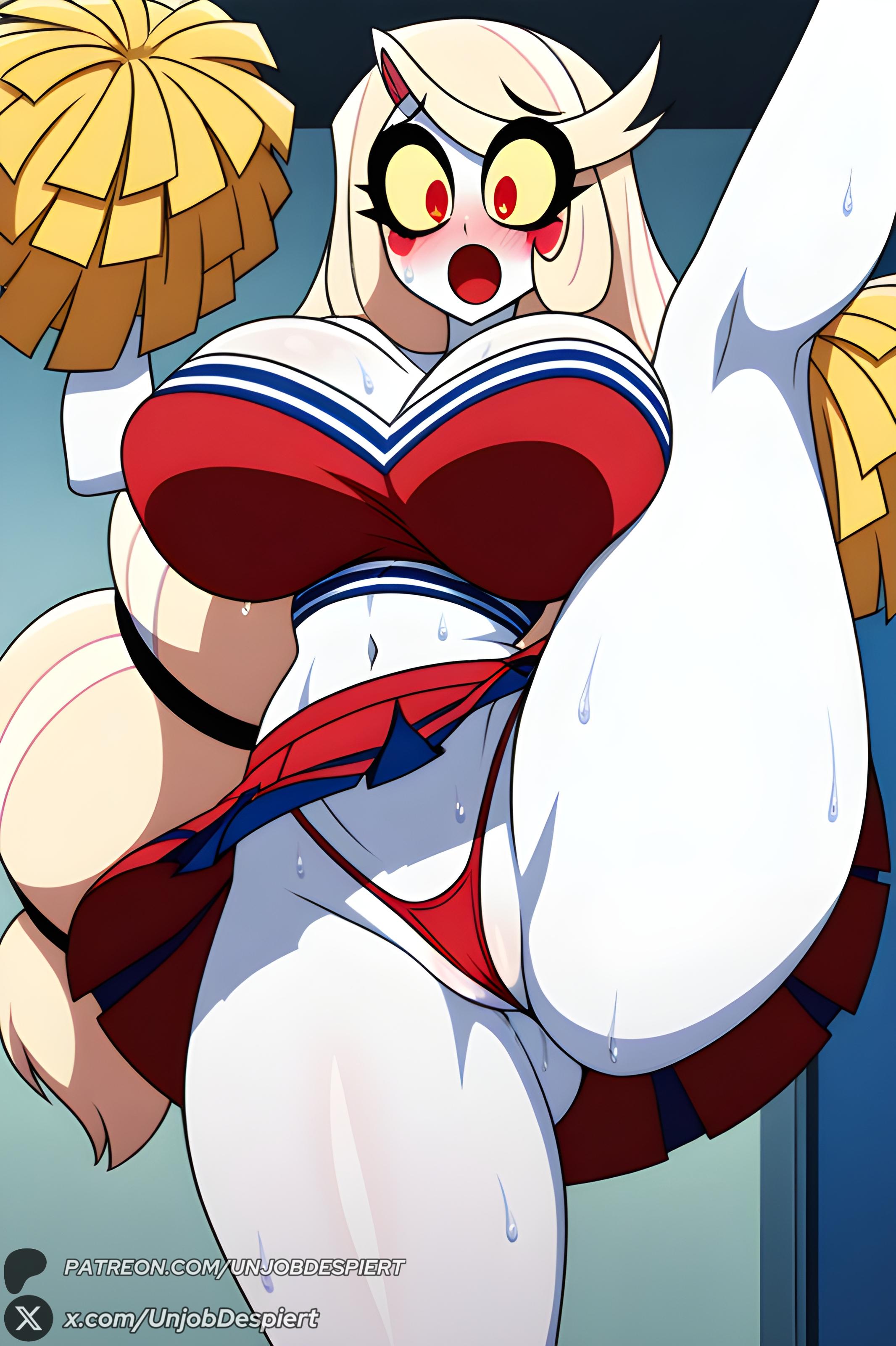:o, 1female, 1girls, 2025, ai generated, artist name, ass visible through thighs, big ass, big breasts, blonde hair, blush, breasts, charlie morningstar (hazbin hotel), cheerleader, cleavage, colored sclera, colored skin, crop top, curvy, female, female only, hazbin hotel, hi res, high quality, high resolution, highleg panties, highres, holding pom poms, horns, huge ass, huge breasts, large breasts, leg up, long hair, looking at viewer, midriff, miniskirt, navel, open mouth, panties, patreon, patreon username, pleated skirt, pom pom (cheerleading), red eyes, red panties, red skirt, skirt, solo, split, standing, standing on one leg, standing split, sweat, thick thighs, thighs, thong, underwear, unjobdespiert, very long hair, watermark, yellow sclera