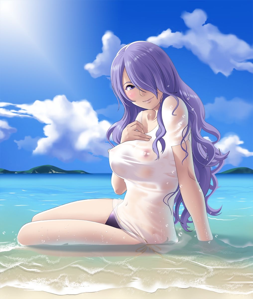 beach, bikini, blue sky, blush, breasts, camilla (fire emblem), cloud, covered navel, curly hair, deep rising, female, fire emblem, fire emblem fates, hair over one eye, large breasts, long hair, looking at viewer, ocean, partially submerged, purple eyes, purple hair, sand, see-through, shirt, sitting, sky, smile, solo, sunlight, swimsuit, thor (deep rising), topless, water, wet, wet clothes, wet shirt