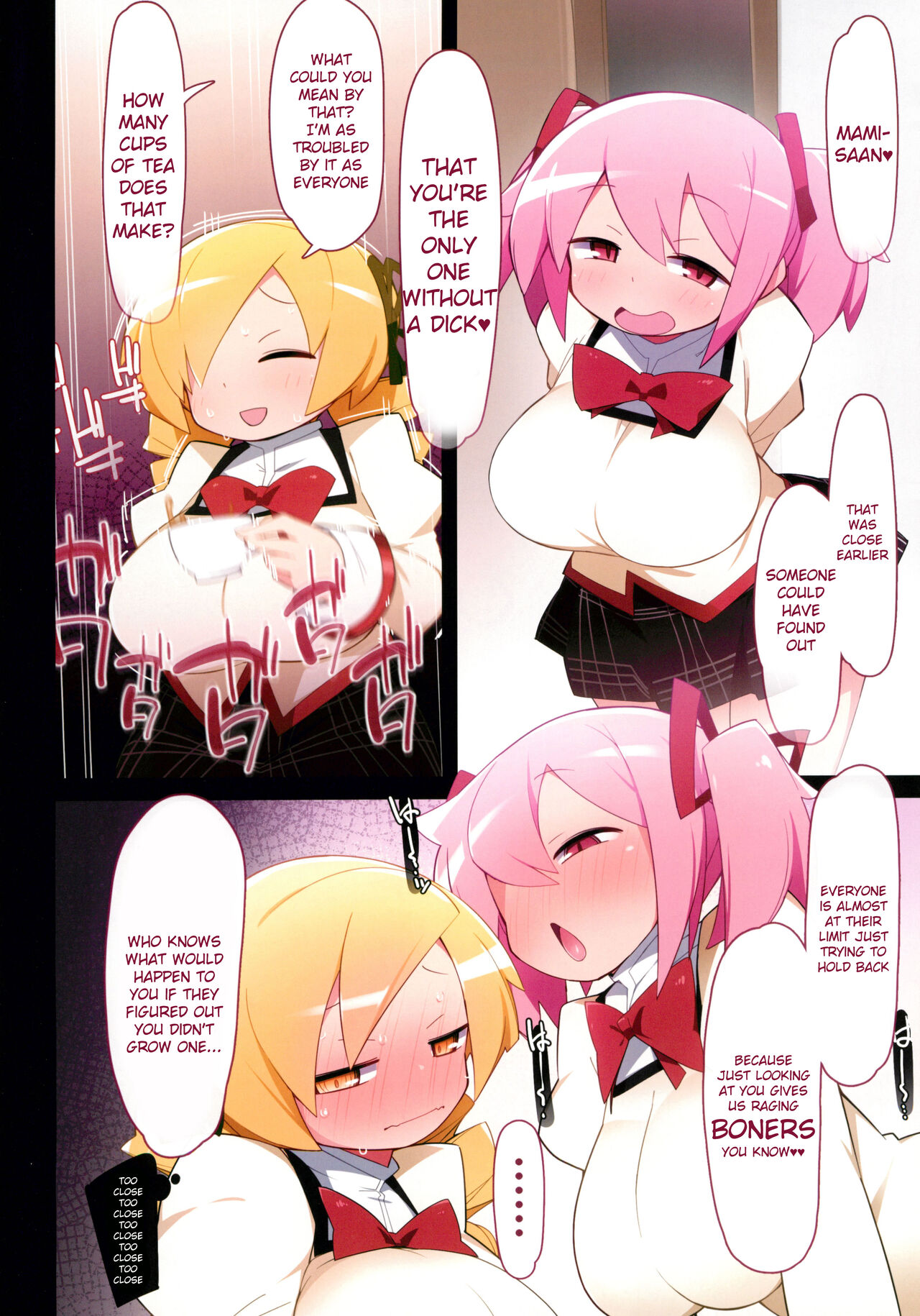 4futas, 5girls, abarabone94, akemi homura, balls, bar censor, big breasts, big penis, black hair, blue hair, breasts, censored, comic, dialogue, english text, erection, female, futa on female, futanari, huge breasts, hung, hung futa, light skin, light-skinned futa, madoka kaname, mahou shoujo madoka magica, miki sayaka, penis, pink hair, puella magi madoka magica, red hair, sakura kyouko, text, tomoe mami, yellow hair
