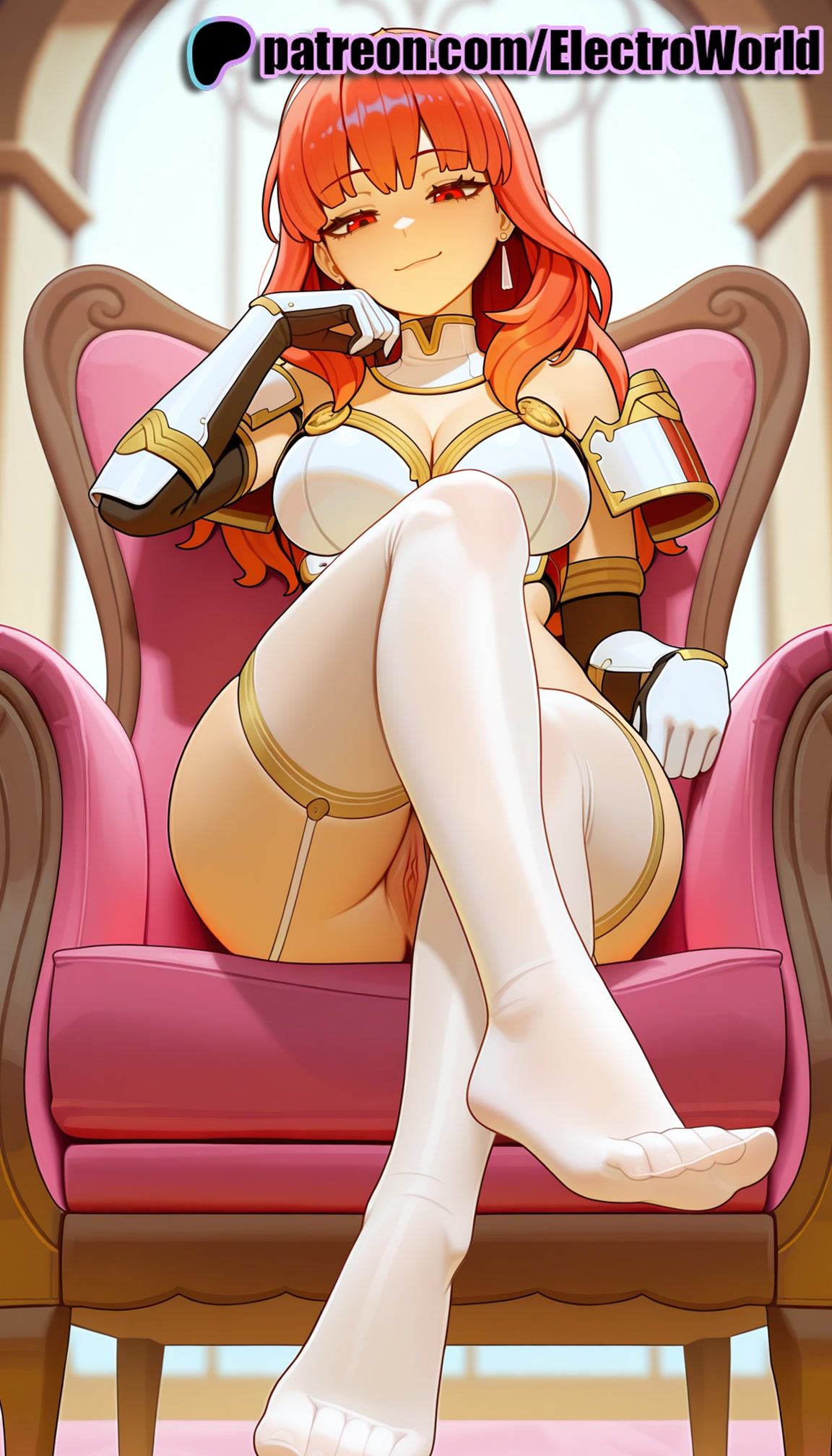 1girls, 2025, ai generated, armchair, artist name, bangs, blunt bangs, blurry, blurry background, breasts, bust, celica (fire emblem), chair, chest, clitoral hood, clitoris, desk, electroworld, exposed pussy, eyebrows visible through hair, feet, feet fetish, female, fire emblem, foot fetish, foot focus, garter straps, gloves, hi res, high quality, high resolution, highres, juicy pussy, long hair, looking at viewer, no shoes, orange hair, patreon, patreon username, pussy, red eyes, sitting, smile, solo, stable diffusion, thighhighs, tight pussy, toes, vagina, virtual youtuber, watermark, white gloves, white legwear
