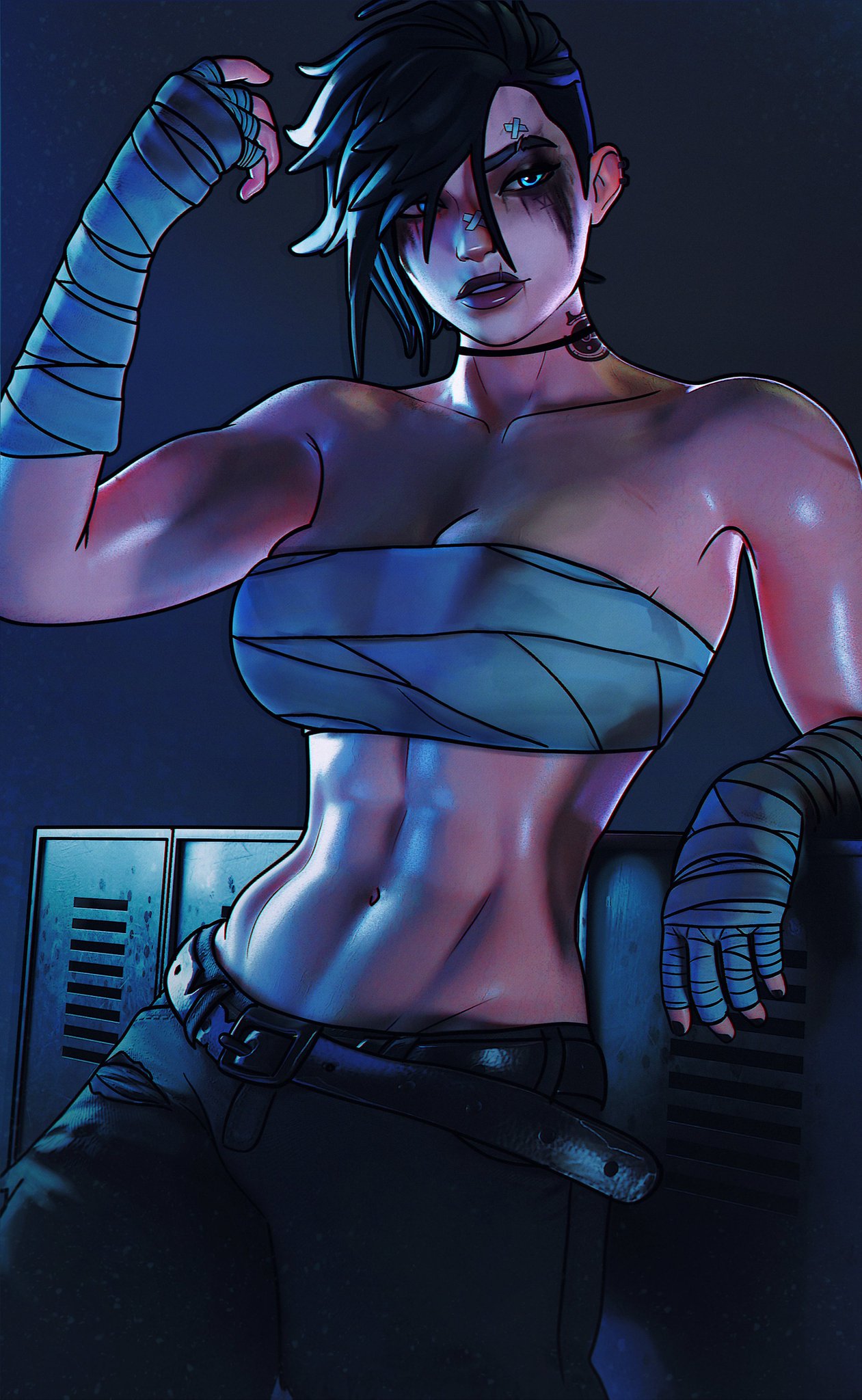 1girls, 3d, 3d (artwork), 3d model, 3d render, abs, arcane, arcane brawler vi, arcane vi, ass, background, bandage, bandaged hand, bandages, bandages around breasts, bandages around chest, bare midriff, bare shoulders, belt, big ass, big breasts, black choker, black hair, blue eyes, breasts, cargo pants, choker, clothed, clothed female, clothes, clothing, curvaceous, curvaceous ass, curvaceous body, curvaceous female, curvaceous figure, curvaceous hips, curvaceous thighs, curvy, curvy body, curvy female, curvy figure, curvy hips, curvy thighs, face paint, facial paint, female, female focus, female only, fighter, fit, fit female, fully clothed, fully clothed female, gloves, highres, large ass, large breasts, league of legends, light skin, light-skinned female, long legs, looking away, messy, messy hair, messy makeup, midriff, muscles, muscular, muscular female, no bra, pants, posing, posing for the viewer, reflection, resting, ruined makeup, ruined mascara, scars, seductive, sexy, sfrinzy, short hair, simple background, skimpy, skimpy clothes, slim waist, solo, solo female, solo focus, thick, thick ass, thick butt, thick hips, thick legs, thick thighs, thighs, toned, toned abs, toned body, toned female, vi, video game character, video games, voluptuous, voluptuous body, voluptuous female, waifu, wide hips
