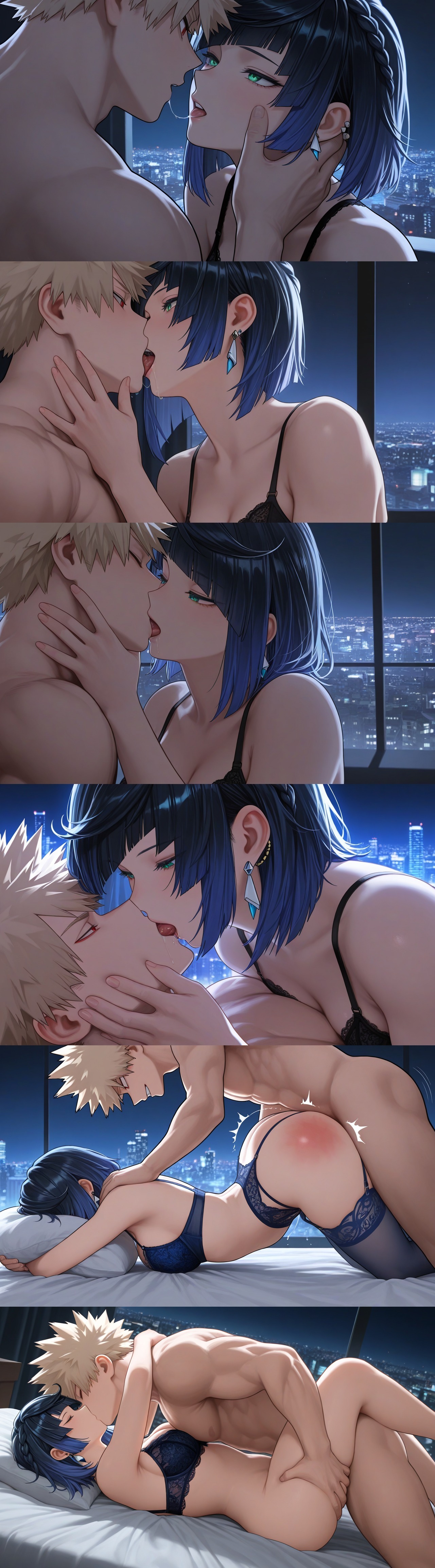 1boy, 1girls, ai generated, ass, blonde hair, blue hair, boku no hero academia, closed eyes, completely nude, cowgirl position, crossover, dark blue hair, doggy style, female, genshin impact, katsuki bakugou, kissing, male, missionary, missionary position, multiple images, muscles, muscular, muscular male, my hero academia, night, night sky, romantic, sex, sex from behind, spanking, stockings, yelan (genshin impact)