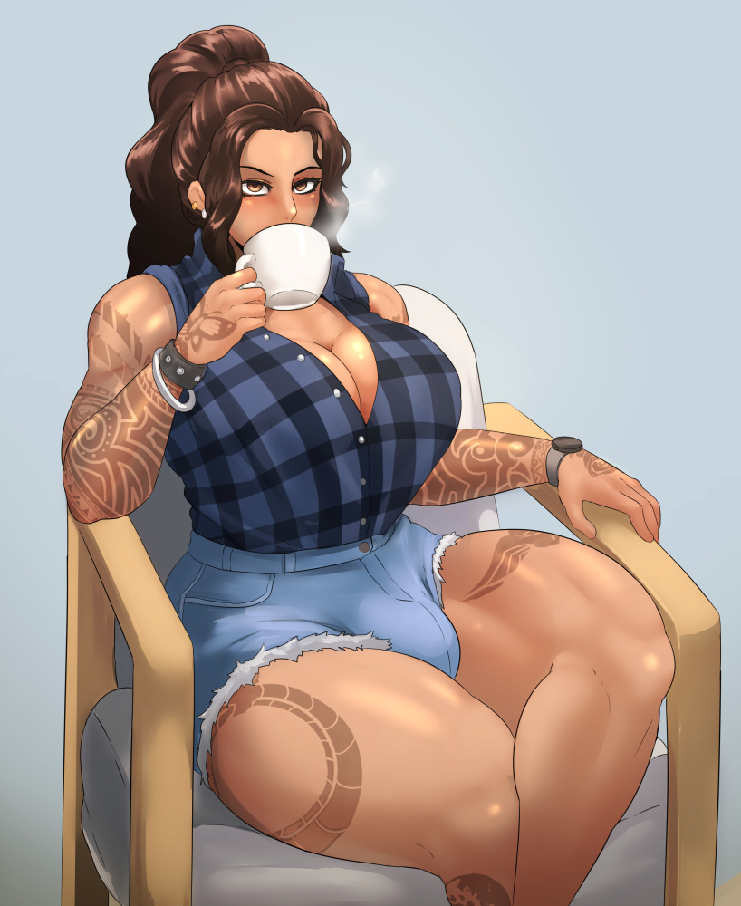 1futa, blush, breasts, brown eyes, brown hair, bulge, cameltail, cleavage, curvy, donaught, futa only, futanari, huge breasts, intersex, intersex only, large breasts, looking at viewer, muscles, muscular, muscular futa, muscular intersex, sitting, solo, tattoo, tattoos, thick thighs, wide hips