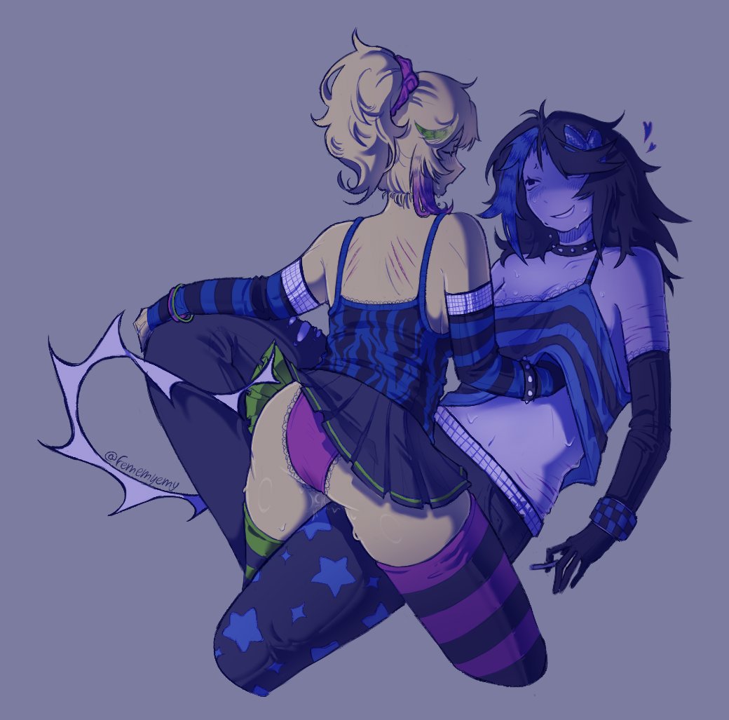 2025, 2girls, armwear, artist name, ass, black armwear, black hair, black shorts, black skirt, black stripes, blue hair, blue stripes, blue tank top, blue topwear, blush, bracelet, breasts, choker, cigarette, closed eyes, clothed, clothed female, clothing, female, female only, female/female, fememyemy, forsaken (roblox), green stripes, grey background, groping, groping breasts, groping under clothes, heart, holding cigarette, looking at partner, noob, noob (forsaken), open mouth, panties, party two time, pink hair, pink panties, pink stripes, plain background, ponytail, pussy, pussy juice, roblox, roblox game, robloxian, scene noob, scratch marks, scrunchie, self harm scars, short hair, shorts, simple background, skirt, skirt lift, small breasts, smile, solid color background, spiked bracelet, spiked collar, striped armwear, striped clothing, stripes, sweat, sweatdrop, sweating, tail, tank top, thighhighs, thighs, tiger stripes, twitter username, two time, two-tone hair, wet pussy, white skin, yellow hair, yellow skin, yuri