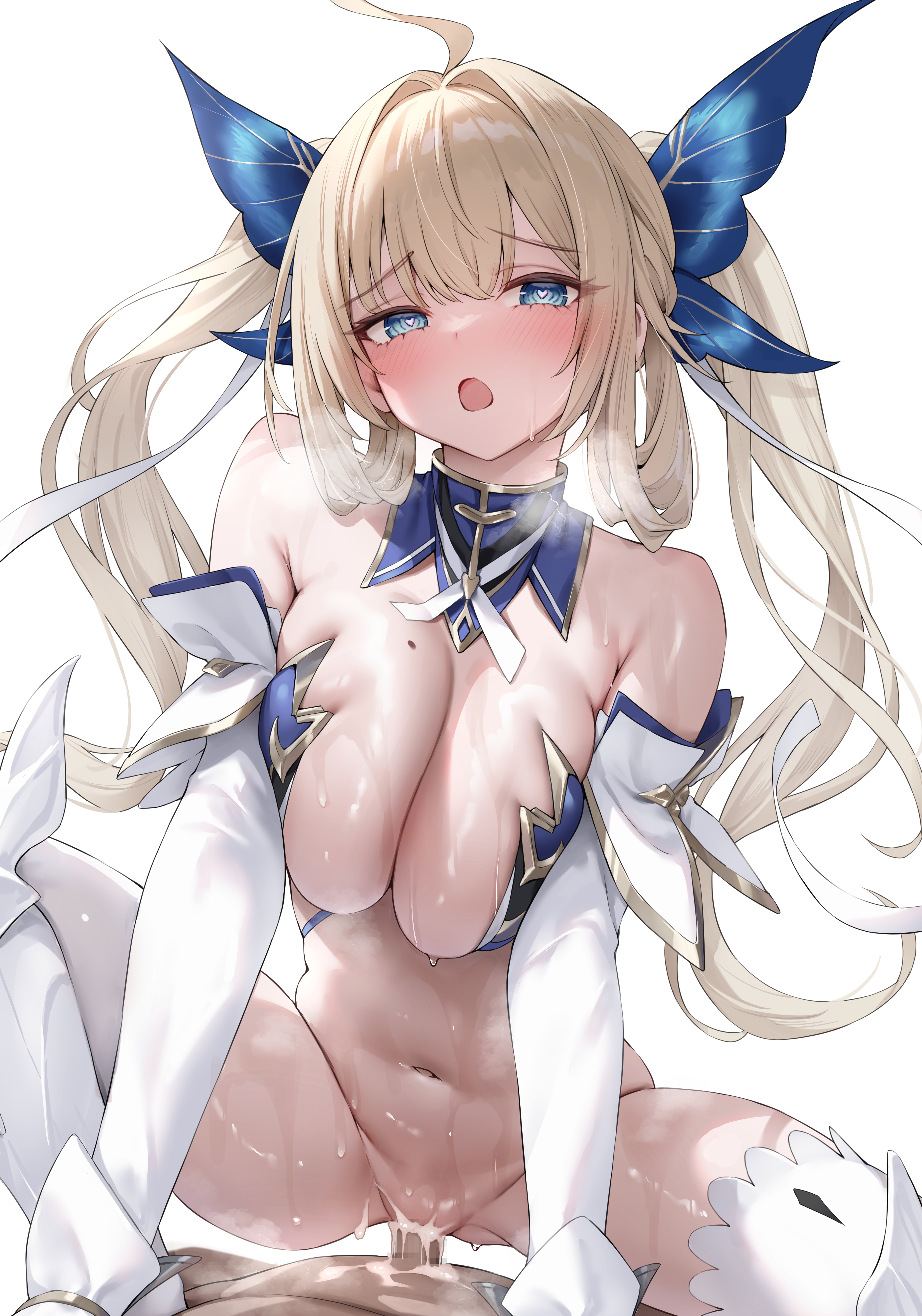 1boy, ahoge, azur lane, bangs, bare shoulders, blonde hair, blue eyes, blush, breasts, classic (zildjian33), cleavage, commission, cowgirl position, cum, cum in pussy, detached collar, detached sleeves, eyebrows visible through hair, female, hair ornament, heart, heart-shaped pupils, heavy breathing, large breasts, long hair, looking at viewer, massena (azur lane), mole, mosaic censoring, navel, open mouth, original, penis, sex, simple background, solo focus, spread legs, squatting cowgirl position, straddling, straight, sweat, symbol-shaped pupils, thighhighs, thighs, twintails, vaginal penetration, very long hair, white background