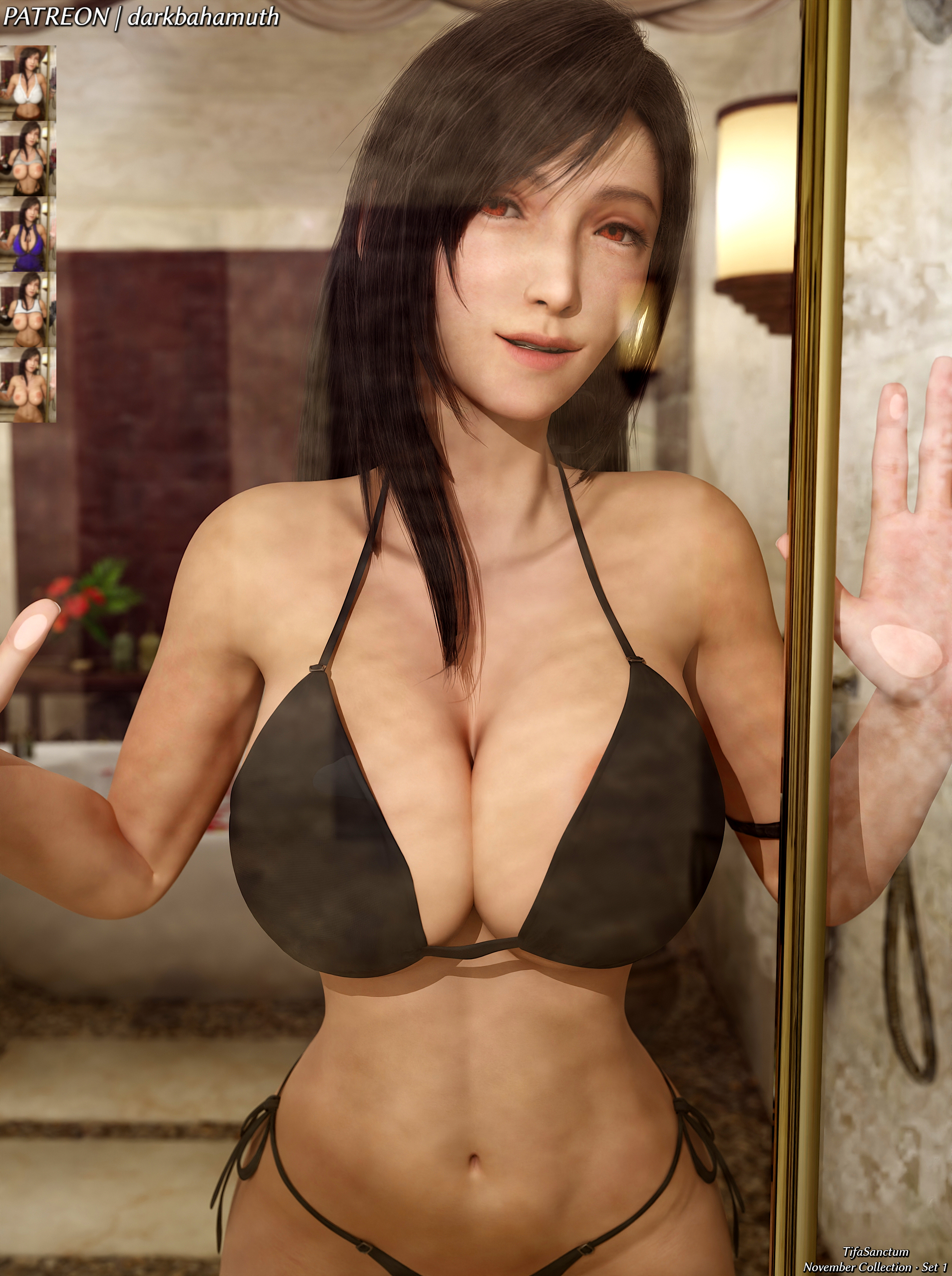 3d, 3d (artwork), bathroom, belly, big breasts, bikini, breasts, darkbahamuth, female, female torso, final fantasy, final fantasy vii, midriff, pinup, tifa lockhart