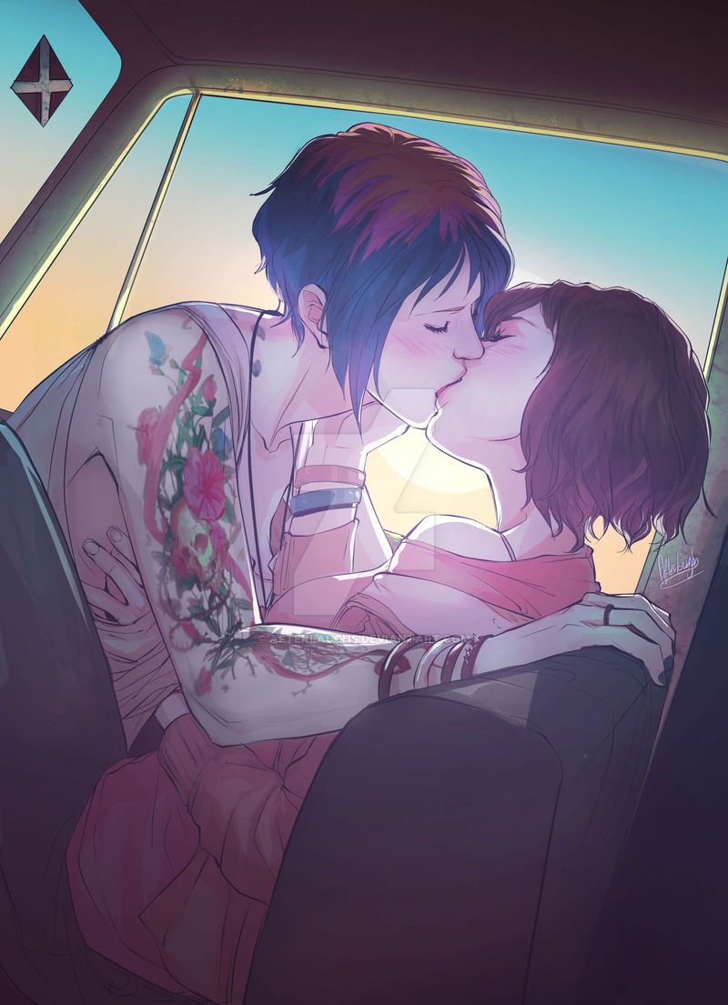 2girls afterlaughs blue_hair blush breast_grab breasts brown_hair chloe_price closed_eyes dyed_hair eyelashes eyeliner female female_only female_protagonist hug human kiss kissing life_is_strange makeup max_caulfield nail_polish pale_skin pickup_truck public short_hair small_breasts tattoo truck vehicle watermark wholesome yuri