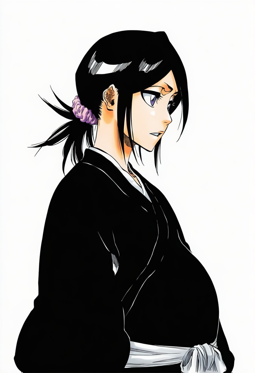 1girls, accurate art style, accurate body type, ai generated, big belly, black hair, black kimono, bleach, breasts, clothing, digital media (artwork), fanart, female, female focus, female only, flat chest, from side, hair ornament, hair scrunchie, highres, japanese clothes, kimono, kuchiki rukia, looking at another, looking away, low ponytail, parted lips, pettanko, pink scrunchie, ponytail, pregnant, purple eyes, sash, scrunchie, shiny hair, shiny skin, simple background, small breasts, solo, solo female, solo focus, standing, tite kubo style, traditional clothes, upper body, wafuku, white background, white sash, ㅇㅇ