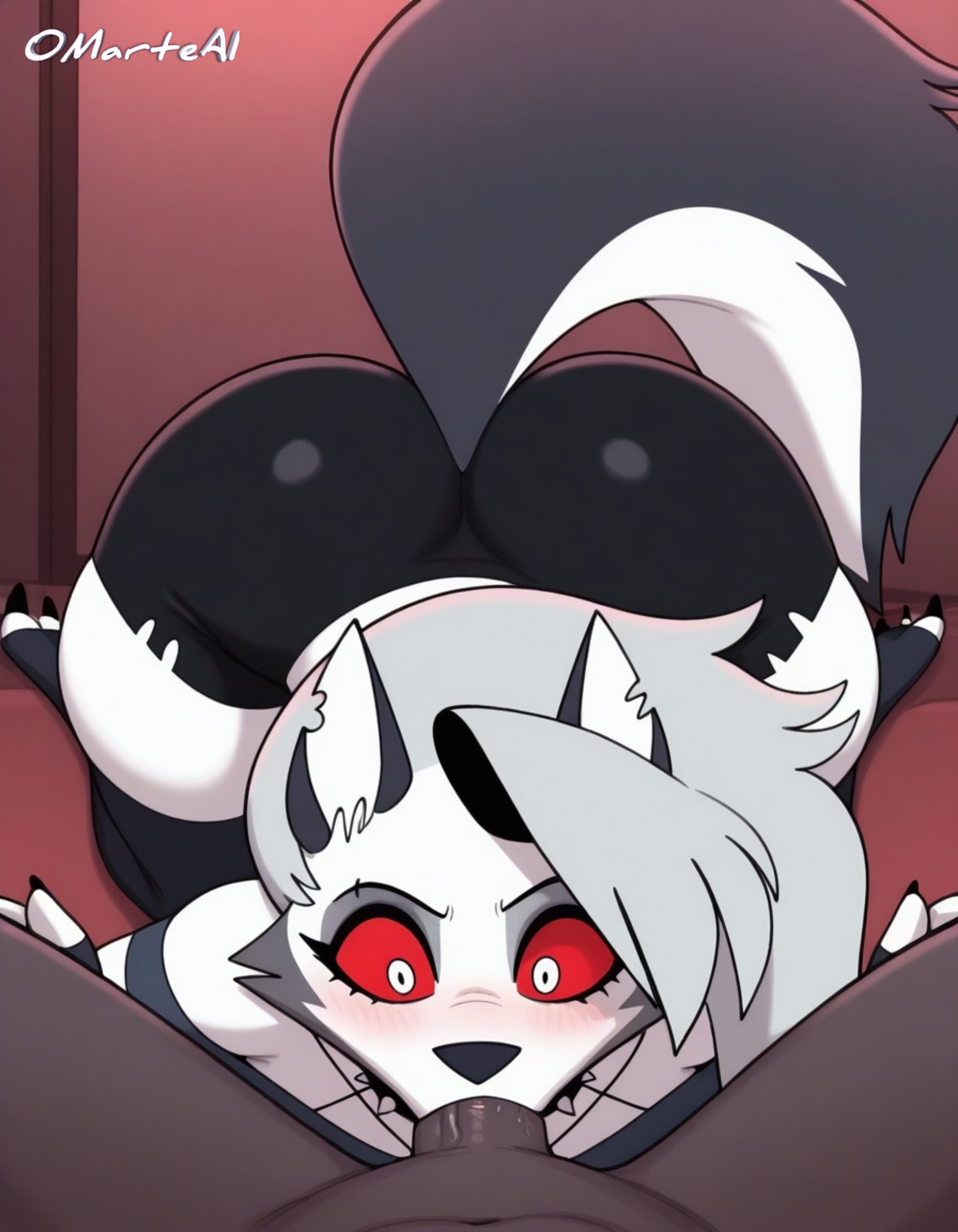 1boy, 1girls, 2025, ai, ai generated, all fours, all the way to the base, animal ears, anthro, ass, balls, balls deep, big penis, black sclera, blowjob, blush, colored sclera, dark skin, dark-skinned male, deep throat, deepthroat, fellatio, female, furry, furry female, furry with non-furry, grey hair, hellhound, helluva boss, human on anthro, interracial, interspecies, long hair, looking at viewer, loona (helluva boss), male, omarte, oral, oral sex, penis, petite, pov, red eyes, slim, solo focus, straight, surprised, tail, uncensored, wolf ears, wolf girl, wolf tail