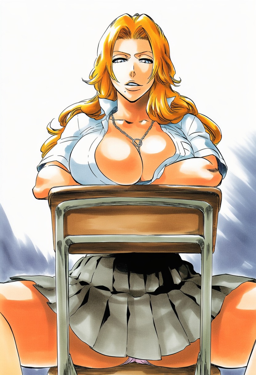 1girls, accurate art style, accurate body type, ai generated, between breasts, big breasts, bleach, blue eyes, breast rest, breasts, breasts bigger than head, busty, chair, clavicle, cleavage, clothing, collarbone, crossed arms, curvaceous, curvy, desk, digital media (artwork), fanart, female, female focus, female only, grey skirt, highres, huge breasts, jewelry, large breasts, light skin, light-skinned female, looking at viewer, matsumoto rangiku, mole, mole under mouth, necklace, no bra, orange hair, panties, pantyshot, parted lips, pink panties, pleated skirt, school uniform, schoolgirl, shiny hair, shiny skin, shirt, simple background, sitting, sitting backwards, sitting on chair, skirt, solo, solo female, solo focus, spread legs, thick thighs, thighs, tite kubo style, underwear, uniform, voluptuous, ㅇㅇ