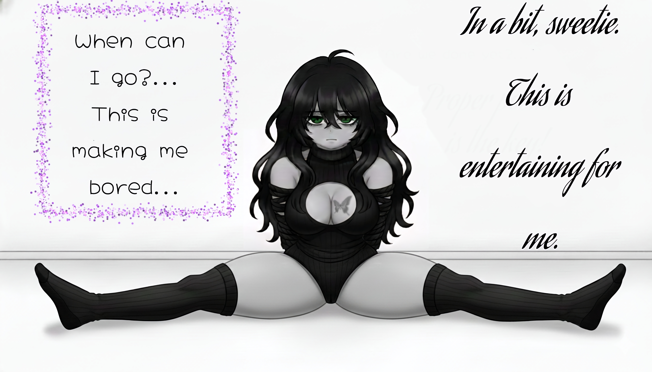 1girls, arms behind back, big breasts, big thighs, black hair, bodysuit, butterfly tattoo, cameltoe, english text, green eyes, hourglass figure, leotard, looking at viewer, oc, offscreen character, offscreen character speaking, roblox, robloxian, self upload, shoulders exposed, sitting, slightly chubby, spread legs, tattoo on chest, text, text box, thighhighs, tied arms, tied hands, tired eyes, undeadcrash, wavy hair