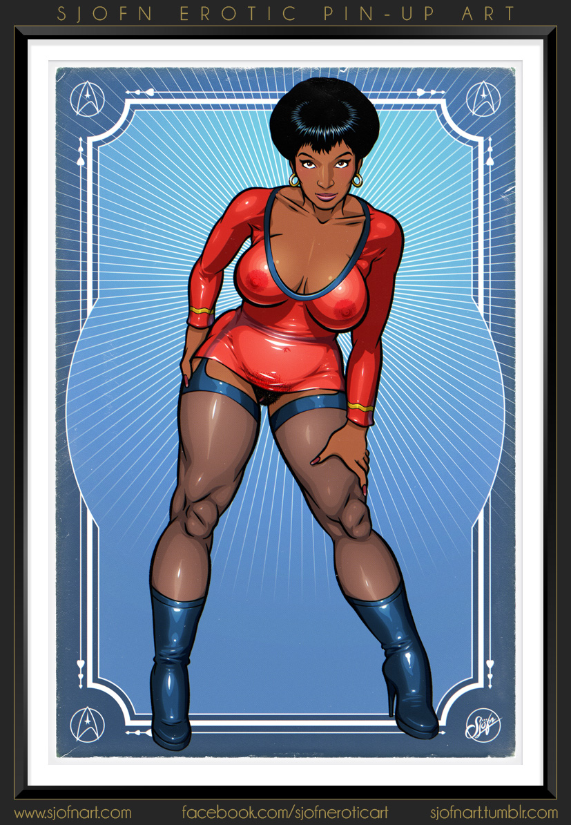 2017 big_breasts black_hair boots bottomless breasts brown_eyes busty cleavage collarbone dark_skin earrings facebook_username female garter_belt hoop_earrings human looking_at_viewer muscular_legs muscular_thighs nail_polish navel nichelle_nichols nipples nyota_uhura pinup pose posing pubic_hair pubic_hair_peek red_shirt see_through sjofn solo standing star_trek star_trek_the_original_series starfleet_insignia starfleet_uniform thick_thighs thighhighs tumblr_username url wide_hips