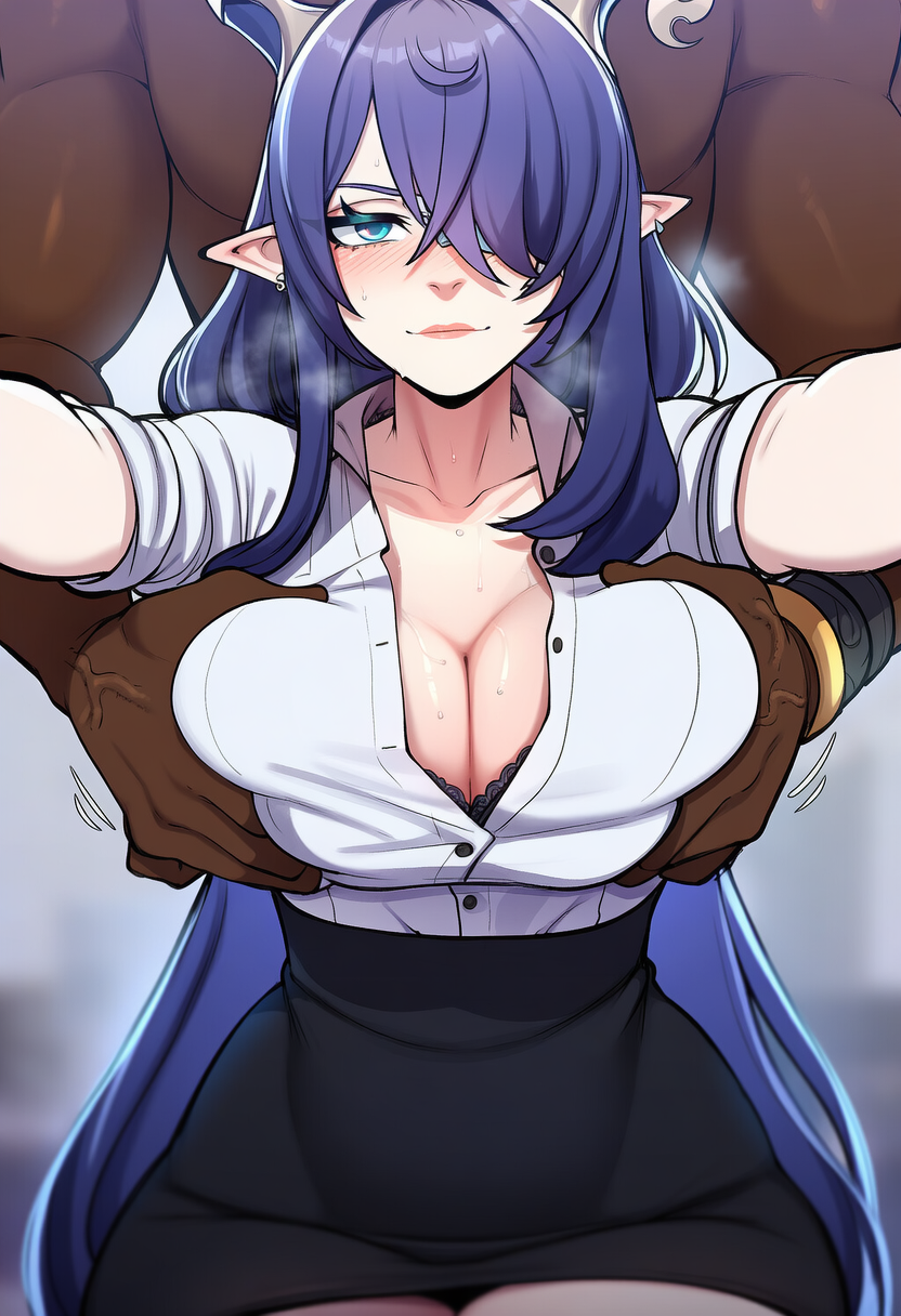 1boy, ai generated, ass, ass focus, big ass, big breasts, big butt, breasts, bubble butt, curvy, dark skin, dark-skinned male, female, genshin impact, grabbing, grabbing breasts, groping, groping breasts, huge ass, interracial, large ass, large breasts, lauma (genshin impact), light skin, light-skinned female, miniskirt, narrow waist, skirt, soujii, thick thighs, wide hips