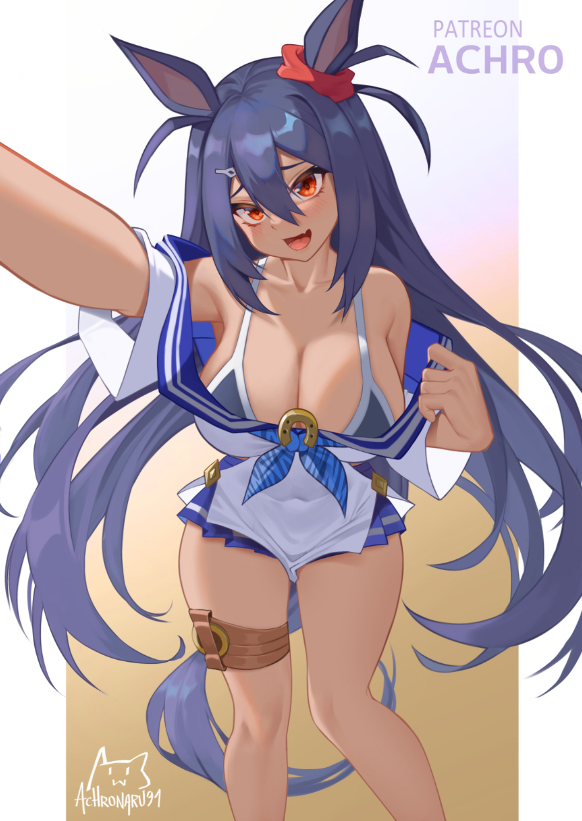 achromaru, armpit peek, arms up, big biobs, big breasts, blue hair, boobs bigger than head, breasts, brown body, brown female, brown skin, brown skinned female, cleavage, curvy, curvy figure, cute, cute face, cute female, female, female focus, female only, hanging breasts, hishi amazon (umamusume), horse ears, horse girl, horse tail, juicy thighs, legs, looking at viewer, pulling clothing, pulling down shirt, red eyes, sexy pose, short, short female, showing breasts, showing off, skimpy clothes, small female, solo female, thighs, tiny, umamusume, umamusume pretty derby