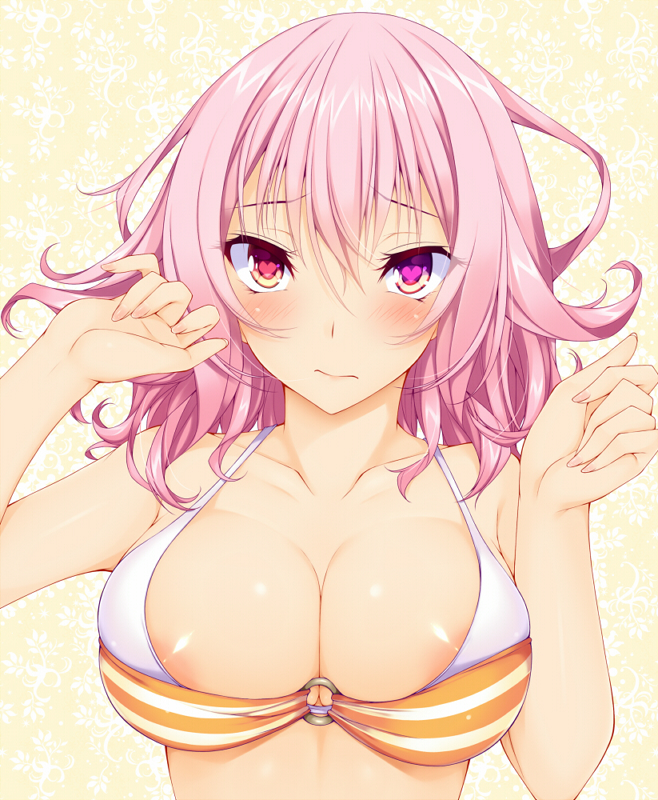 1girls 2d areola_slip areolae bikini_top blush breasts cleavage female fingernails heart heart-shaped_pupils large_breasts light-skinned_female light_skin mirei-san_(suterii) o-ring_top original pink_hair solo suterii symbol-shaped_pupils upper_body yellow_eyes