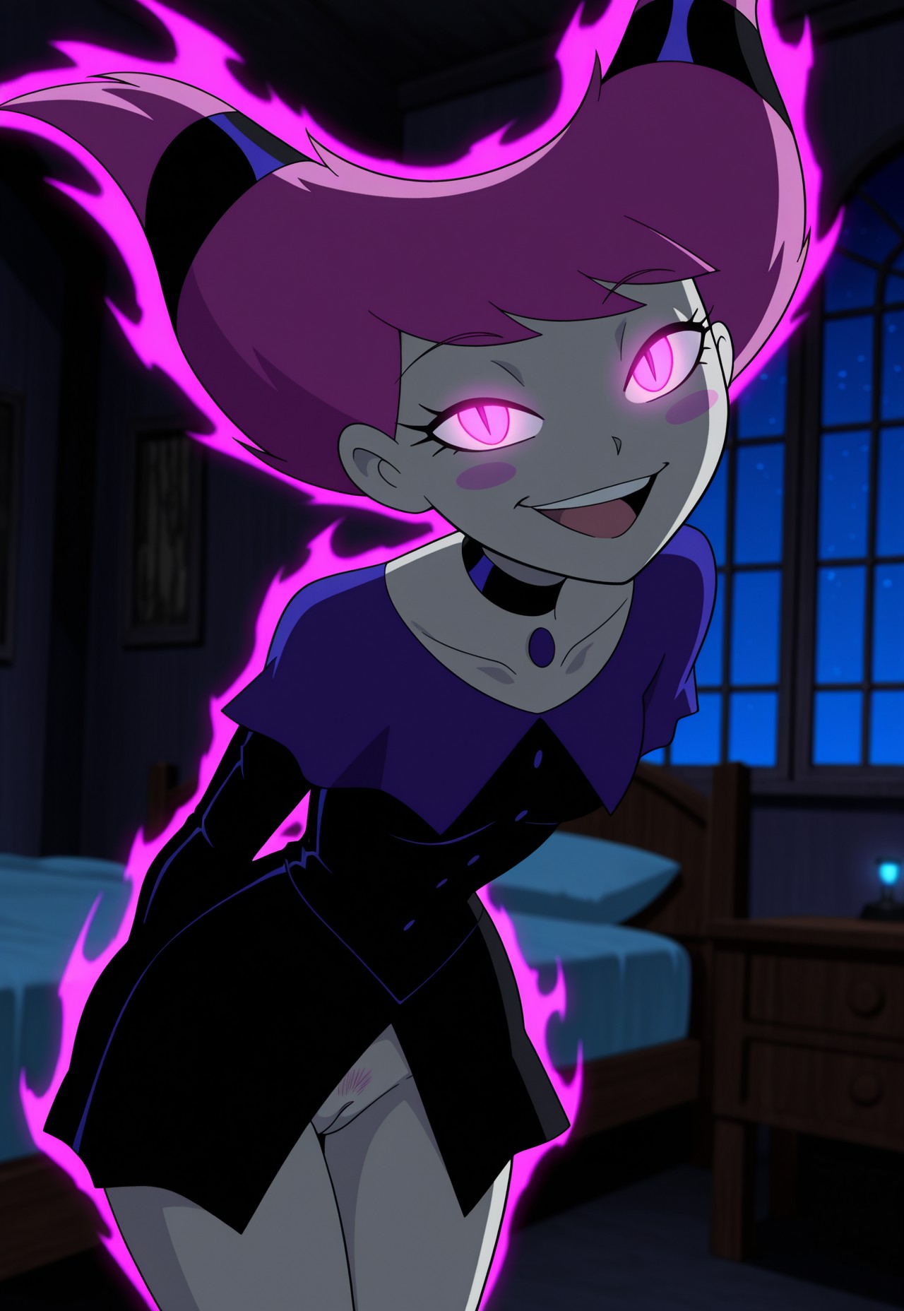 1girls, ai generated, bottomless female, female, female only, glowing eyes, hairy pussy, indoors, jinx (dc), jinx (teen titans), night, no panties, pink hair, pussy, sexy, solo, teen titans
