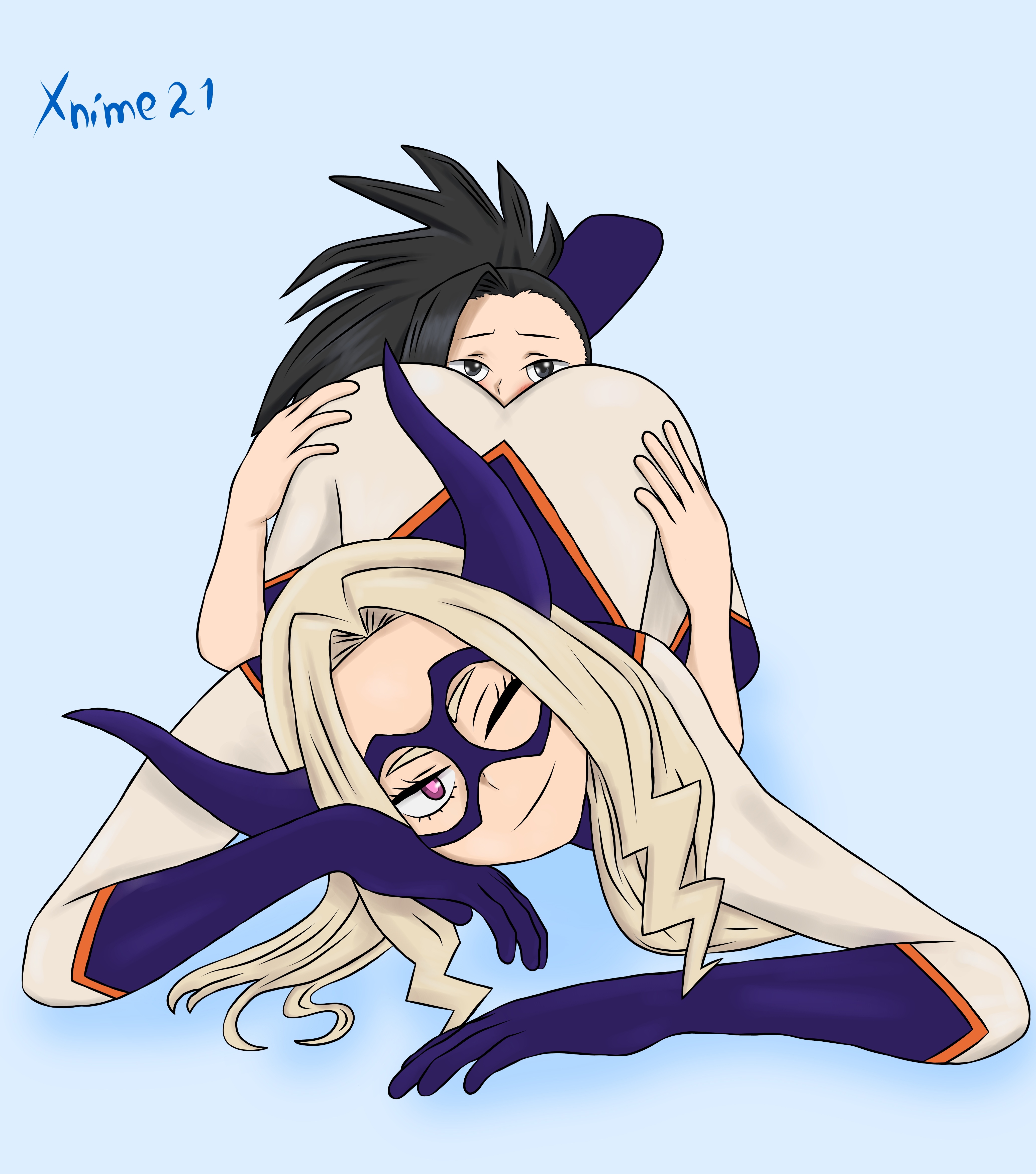 2girls, age difference, blonde hair, boku no hero academia, dark hair, heroine, momo yaoyorozu, mount lady, my hero academia, older female, older female and younger female, rimming, wink, winking at viewer, xnime21, younger female, yuri, yuu takeyama