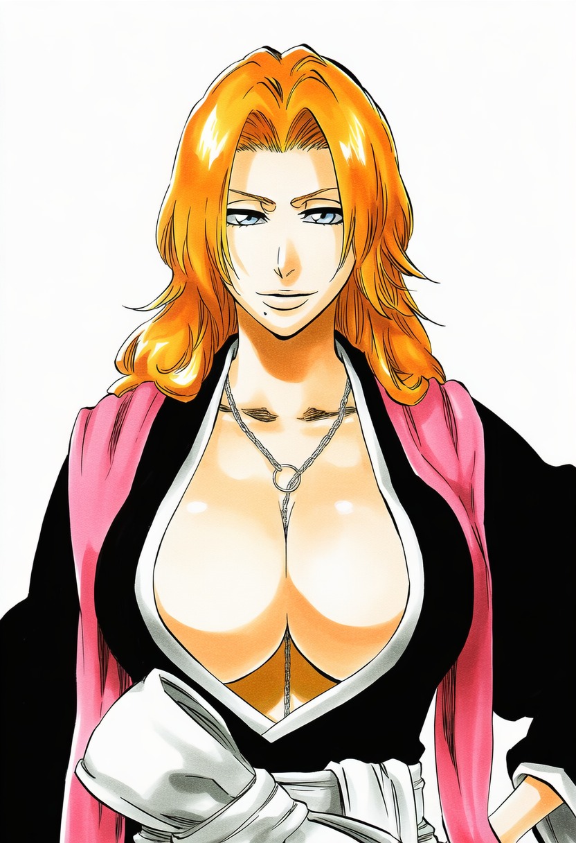 1girls, accurate art style, accurate body type, ai generated, between breasts, big breasts, bleach, blue eyes, breast focus, breasts, busty, center opening, chain necklace, chains, clavicle, cleavage, clothing, collarbone, curvaceous, curvy, digital media (artwork), fanart, female, female focus, female only, hand on own hip, highres, huge breasts, japanese clothes, jewelry, kimono, large breasts, light skin, light-skinned female, long hair, looking at viewer, matsumoto rangiku, mole, mole under mouth, necklace, no bra, open clothes, orange hair, round breasts, sash, shiny hair, shiny skin, simple background, smile, solo, solo female, solo focus, standing, tite kubo style, traditional clothes, upper body, voluptuous, wafuku, white background, white sash, ㅇㅇ