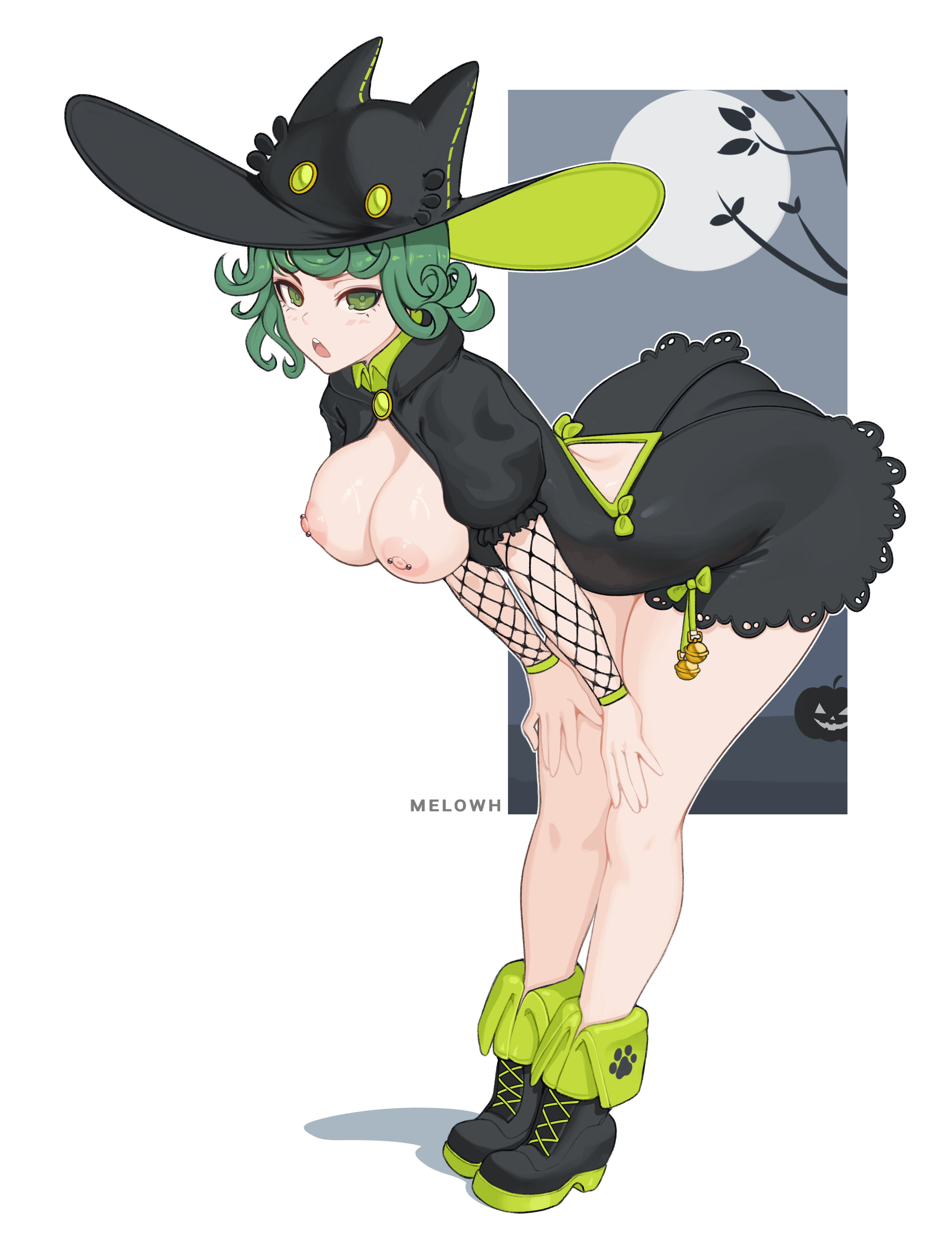 1girls, boobs out, boots, breasts, dress, female, female only, fishnet armwear, fishnets, green eyes, green hair, halloween, halloween costume, leaning forward, melowh, nipple piercing, one-punch man, pierced nipples, piercing, piercings, tatsumaki, thick thighs, thighs, witch costume, witch hat