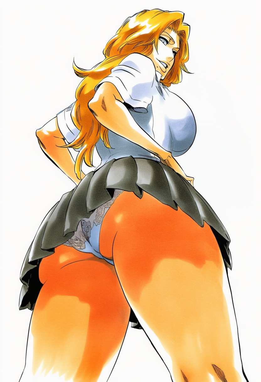 1girls, accurate art style, accurate body type, ai generated, ass, ass focus, big breasts, bleach, blue eyes, breasts, breasts bigger than head, busty, clothing, curvaceous, curvy, digital media (artwork), fanart, female, female focus, female only, from below, grey skirt, hands on own hips, highres, huge breasts, lace, lace trim, lace-trimmed panties, large breasts, light skin, light-skinned female, long hair, looking back, matsumoto rangiku, mole, mole under mouth, orange hair, panties, pantsu, pantyshot, parted lips, pleated skirt, school uniform, shiny hair, shiny skin, shirt, short sleeves, sideboob, simple background, skirt, solo, solo female, solo focus, standing, thick thighs, thighs, tite kubo style, underwear, uniform, upskirt, viewed from below, voluptuous, white background, white shirt, ㅇㅇ
