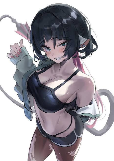 big, big breasts, big butt, black hair, breasts, female, jane doe (zenless zone zero), rat ears, sports bra, sweat, tail, zenless zone zero