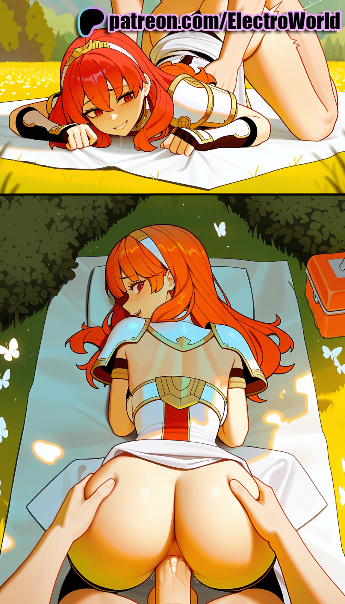 1boy, 1girls, 2025, ai generated, anus, armor, artist name, ass, ass grab, blush, celica (fire emblem), cock, dick, electroworld, english text, exposed anus, female, field, fire emblem, fucking, grass, hi res, high quality, high resolution, highres, intercourse, long hair, love making, male, nature, orange hair, outdoors, patreon, patreon username, penetration, penis, pov, red eyes, sex, sex from behind, sexual intercourse, shoulder armor, stable diffusion, straight, tight anus, top-down bottom-up, tree, uncensored, watermark