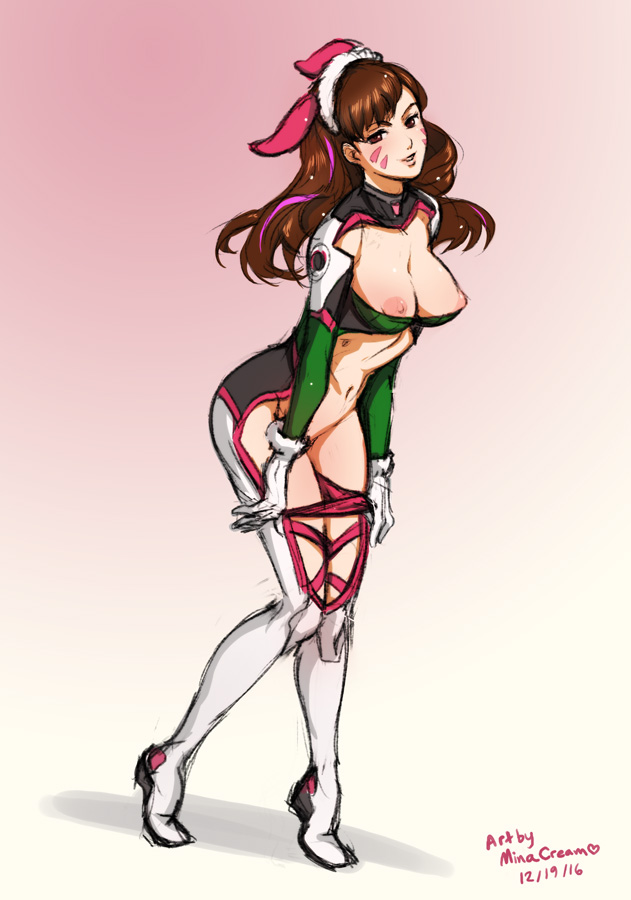adapted costume, areolae, artist name, bodysuit, breasts, brown eyes, brown hair, d.va, facial mark, female, long hair, looking at viewer, minacream, navel, nipples, overwatch, panties, parted lips, simple background, solo, undressing