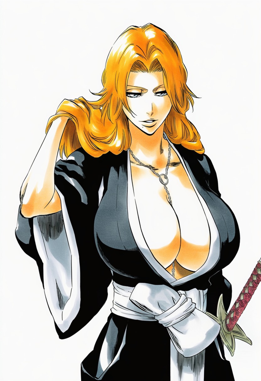 1girls, accurate art style, accurate body type, ai generated, between breasts, big breasts, black kimono, bleach, blue eyes, breast focus, breasts, breasts bigger than head, busty, center opening, chain necklace, chains, cleavage, clothing, collarbone, cowboy shot, curvaceous, curvy, digital media (artwork), fanart, female, female focus, female only, from above, hair lift, hand up, hands in hair, haori, highres, huge breasts, japanese clothes, jewelry, katana, kimono, large breasts, light skin, light-skinned female, long hair, matsumoto rangiku, mole, mole under mouth, necklace, no bra, orange hair, parted lips, sash, sheath, shiny hair, shiny skin, simple background, solo, solo female, solo focus, standing, sword, tite kubo style, traditional clothes, voluptuous, wafuku, weapon, white background, white sash, wide sleeves, ㅇㅇ