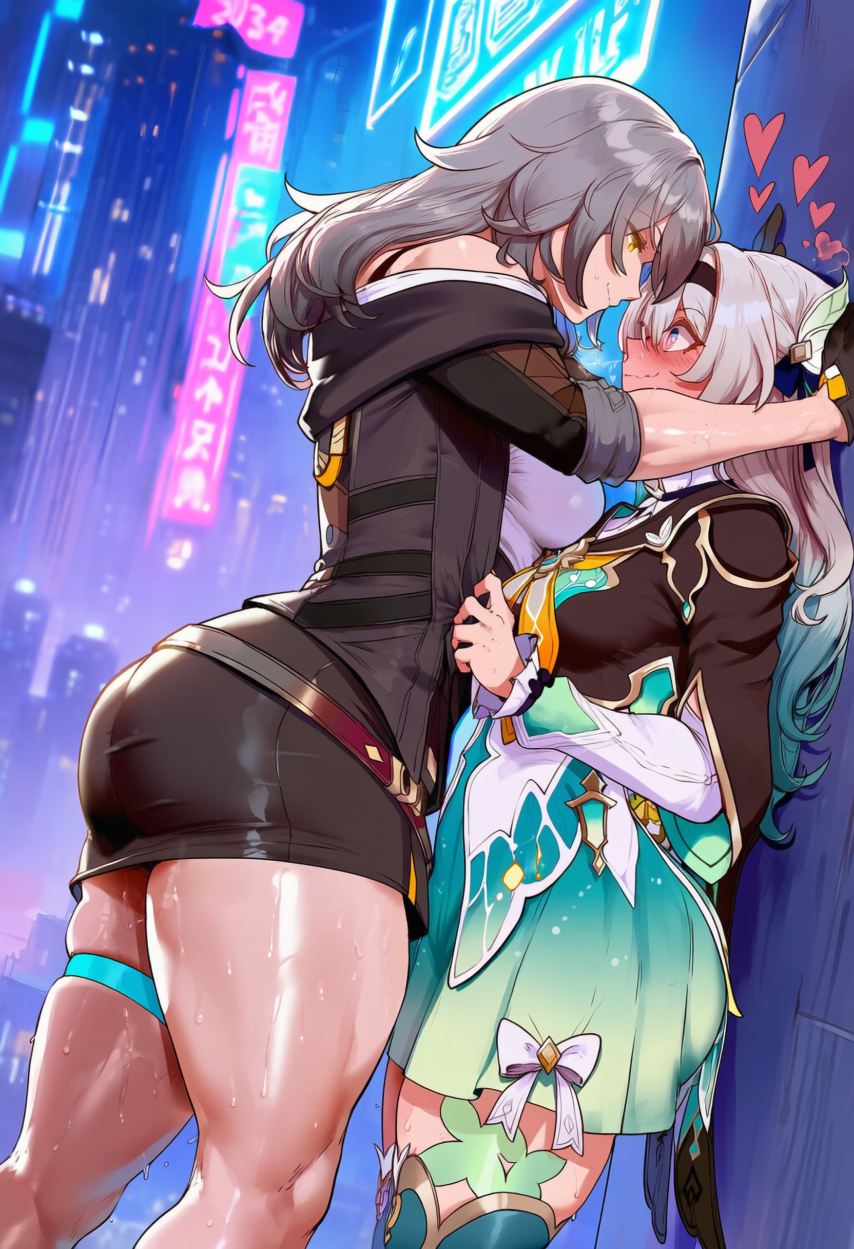 2female, 2females, 2girls, ai assisted, ai generated, ass, background, bangs, big dom small sub, bigger female, black jacket, blue background, blush, blushed, blushed face, bodycon, breast press, breasts, city, cleavage, closed mouth, dark skin, dominant, dominant female, dress, earrings, excited, excited face, excited female, eye contact, eyebrows visible through hair, female, female focus, female only, females, femdom, firefly (honkai: star rail), genlation, gloves, hairband, heart, hearts around head, hi res, honkai (series), honkai: star rail, hood, hoyoverse, jacket, kabedon, large breasts, large hips, lesbian domination, lesbian focus, long hair, long sleeves, looking at another, mihoyo, miniskirt, multiple females, multiple girls, necklace, nervous, nervous female, nervous smile, nervous sweat, night, night sky, novelai, outdoors, pencil skirt, pinned to wall, probably canon, questionable, sfw, short dress, silver hair, single thighhigh, size difference, skirt, small waist, standing, staring at another, stelle (honkai: star rail), sweat, sweaty legs, sweaty thighs, thick ass, thick legs, thick thighs, thigh highs, thigh strap, thighhighs, thighs, tight clothing, tight dress, tight skirt, very long hair, wide hips, yellow eyes, yuri