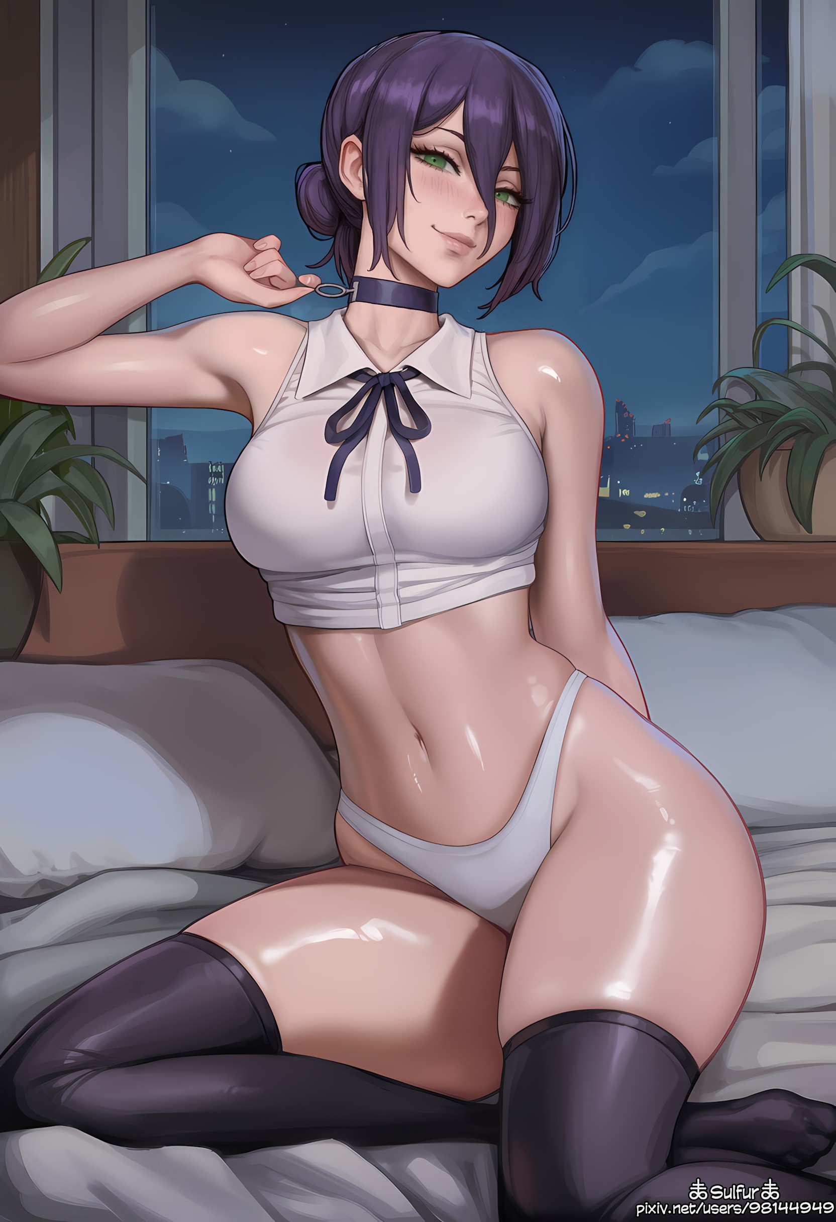 1boy, 1girls, ai generated, blush, breasts, chainsaw man, choker, female, green eyes, hair bun, large breasts, large penis, male, penis, purple hair, reze (chainsaw man), shiny skin, short hair, solo, solo focus, sulfur666, sweat, sweaty
