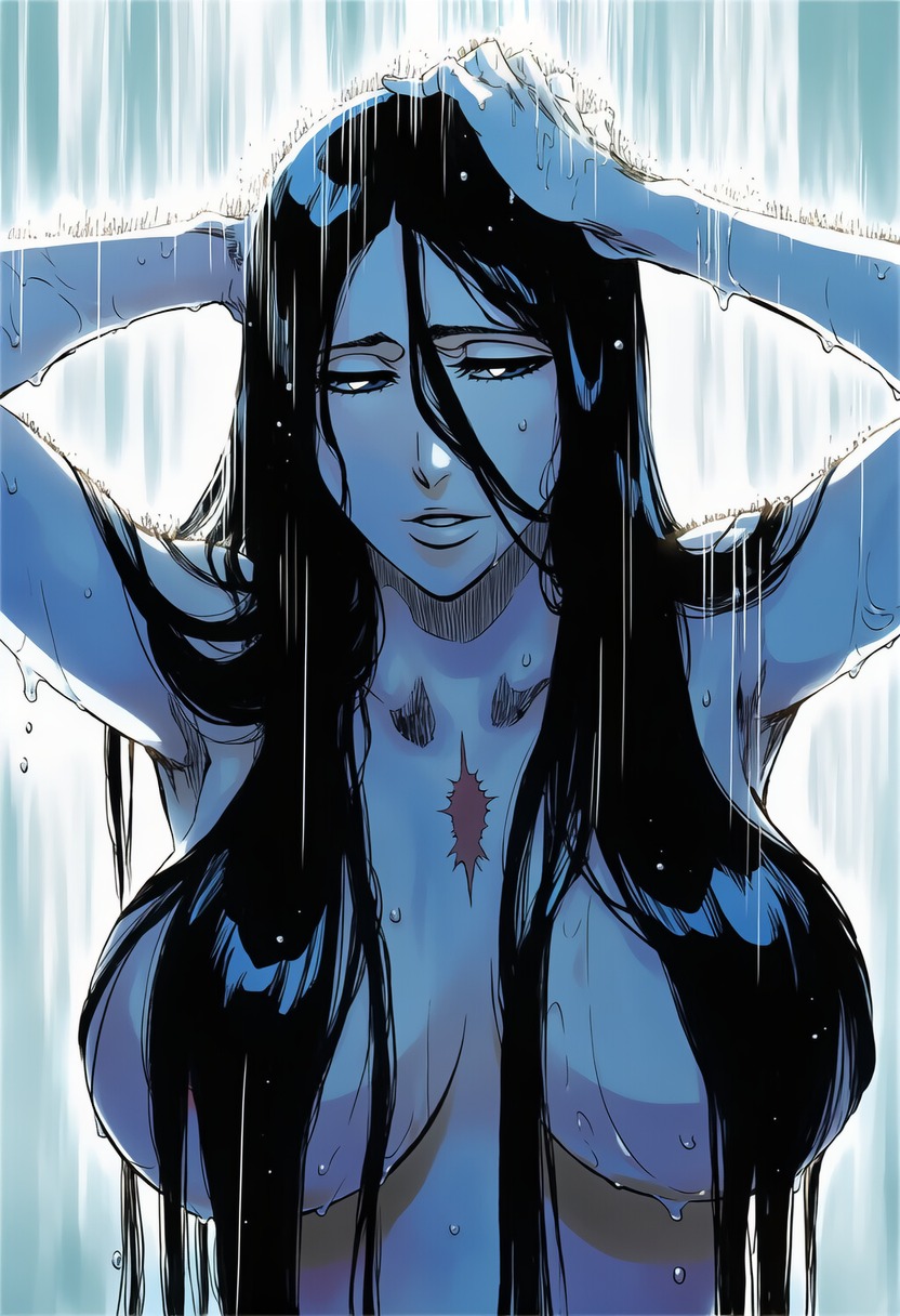 1girls, accurate art style, accurate body type, ai generated, arm above head, armpits, arms behind head, arms up, bare arms, bare breasts, bare shoulders, bathroom, big breasts, black hair, bleach, blue theme, breast focus, breasts, breasts apart, busty, clavicle, cleavage, collarbone, completely nude, completely nude female, convenient censoring, curvaceous, curvy, digital media (artwork), dripping wet, fanart, female, female focus, female only, hair between eyes, hair censor, hair over breasts, half-closed eyes, hand on own head, hands on own head, highres, indoors, large breasts, light skin, light-skinned female, long hair, looking at viewer, naked, nude, nude female, out-of-frame censoring, parted lips, round breasts, scar, scar on chest, shiny hair, shiny skin, shower, showering, simple background, solo, solo female, solo focus, standing, tite kubo style, topless, unohana retsu, upper body, very long hair, voluptuous, water, water drop, wet, wet body, wet hair, wet skin, ㅇㅇ