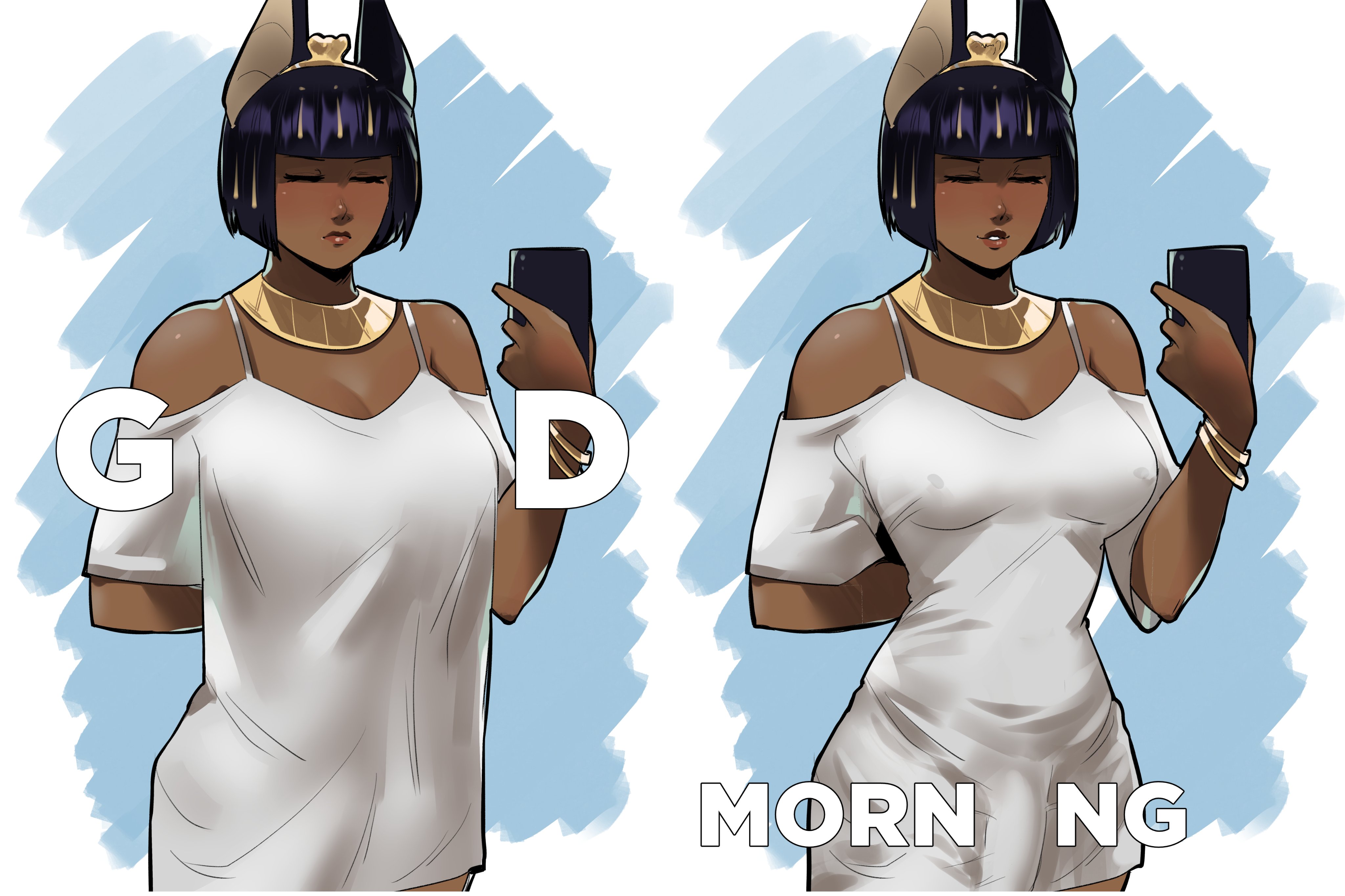 1futa, animal ears, arm behind head, bangle, big breasts, big penis, black hair, blunt bangs, breasts, bulge, bulge through clothing, closed eyes, clothed, clothing, covered nipples, dark skin, dark-skinned futa, egyptian, egyptian mythology, elizabeth (skullworms), english text, fully clothed, futa only, futanari, good morning, humanoid, humanoid penis, intersex, jackal ears, jackal humanoid, kemonomimi, large breasts, original, pajamas challenge (meme), pajamas pull, penis, penis bulge, selfie, short hair, skullworms, solo, taut clothes, tiara
