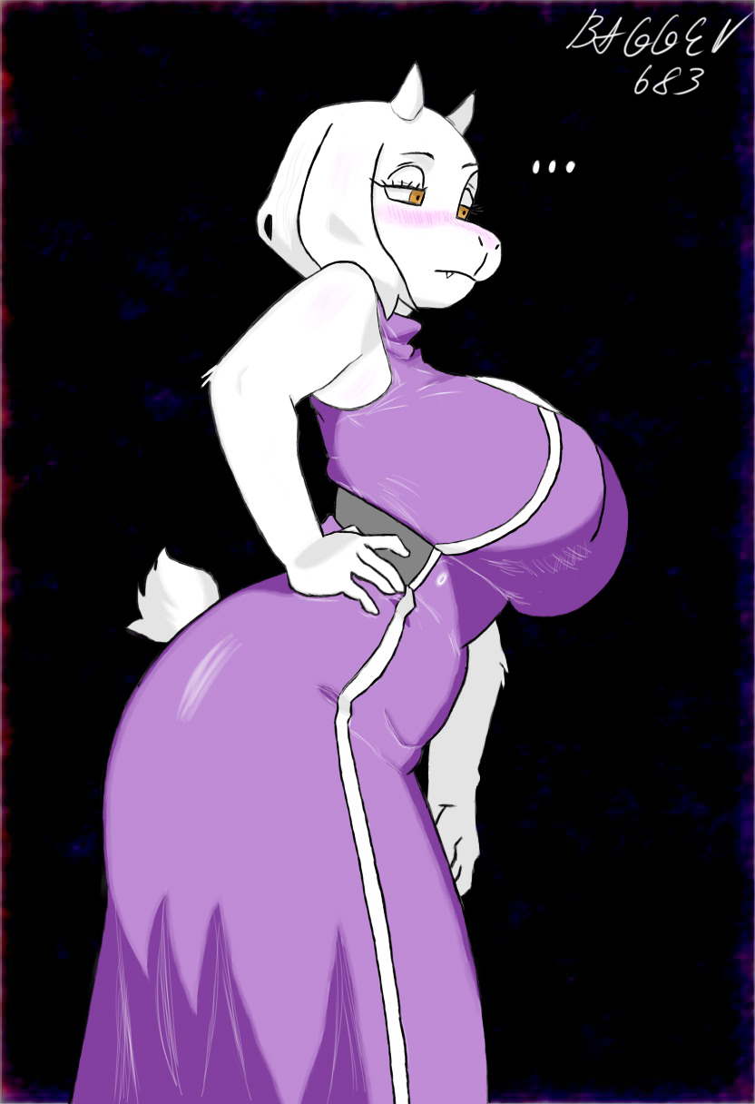 baggen683, breasts, dress, female, furry female, goat ears, goat girl, goat horns, goat tail, huge breasts, orange eyes, toriel, undertale, white fur, wide hips
