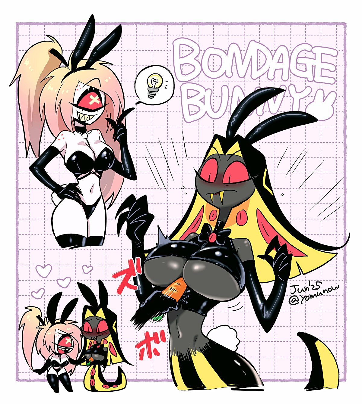 @yomunow, black skin, blush, bunny ears, bunny girl, cherri bomb, cleavage, curvaceous female, curvy, demon, fangs, female, female only, genderswap (mtf), hazbin hotel, huge breasts, object between breasts, red sclera, rule 63, sinner demon, sir pentious, slim waist, snake girl, tagme, tail, thigh highs, thighhighs, underboob, white skin