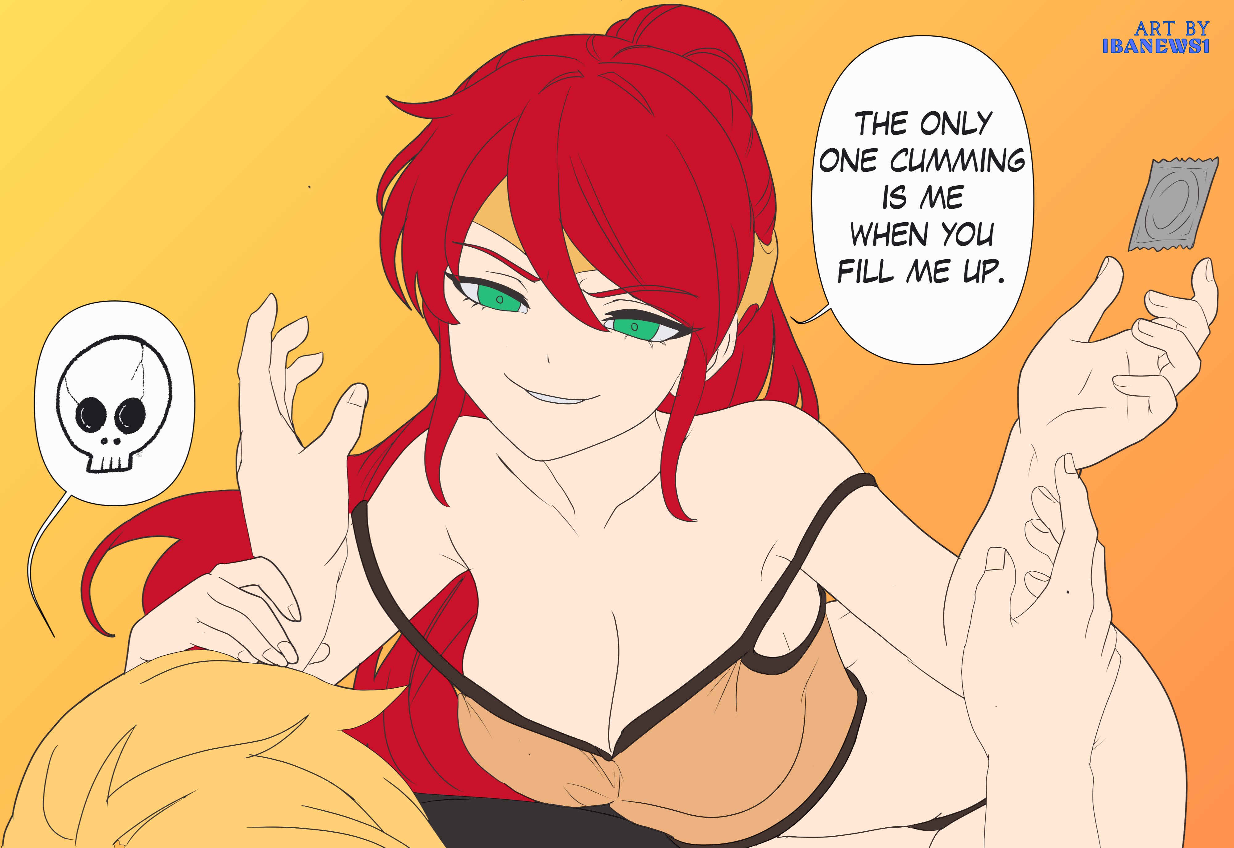 1boy, 1boy1girl, 1girls, artist name, ass, bare shoulders, big breasts, blonde hair, blonde male, breasts, circlet, cleavage, clothed, clothing, condom, condom rejection, condom wrapper, dialogue, english, english text, evil grin, evil smile, female, femdom, grabbing hand, grabbing wrist, gradient background, green eyes, hair between eyes, i'm gonna make you a father, ibanews1, imminent sex, jaune arc, light skin, light-skinned female, light-skinned male, long hair, male, male/female, malesub, orange background, panties, part of a series, part of a set, partially clothed, partially clothed female, ponytail, pyrrha nikos, red hair, rooster teeth, rwby, skull symbol, smile, smiling, smiling at partner, tan topwear, viz media