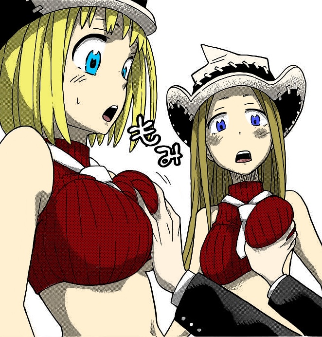 1boy 2girls adult_swim blonde_hair blue_eyes breast_grab death_the_kid elizabeth_thompson grabbing grabbing_breasts groping groping_breasts multiple_girls patricia_thompson shocked shocked_expression shocked_eyes simple_background sisters soul_eater thompson_sisters toonami