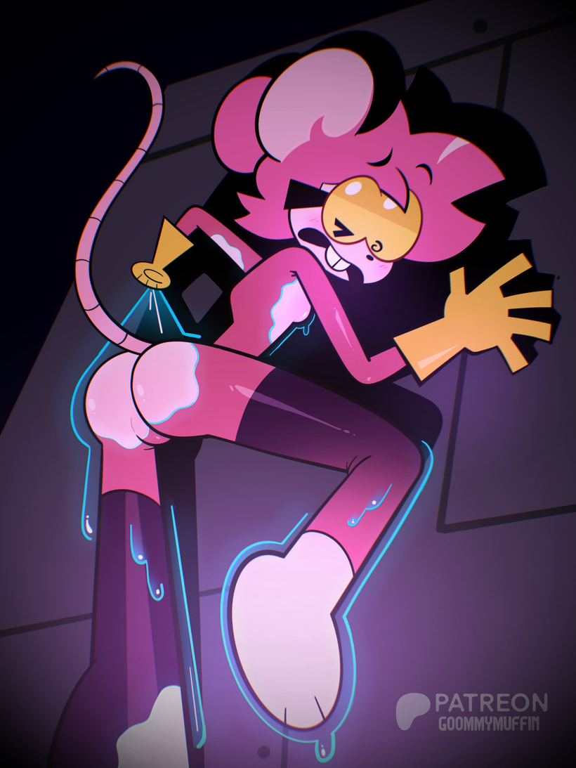 1female, 1females, 1girls, anthro, ass exposed, big ass, big butt, big ear, big ears, butt exposed, feet, feet out, female, glasses, glasses on face, glasses on head, gloves, goommymuffin, goommymuffin (artist), goop, mouse, mouse ears, mouse girl, mouse humanoid, mouse tail, muffin (goommymuffin), official art, one eye closed, pink fur, pink hair, rubber boots, rubber gloves, slime