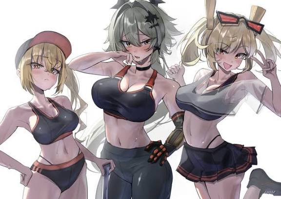 2d, 3girls, big breasts, blonde hair, blush, breasts, burnice white, caesar king, caesar king (zenless zone zero), color, colored, eyewear on head, female, green hair, luciana de montefio, sports bra, sweat, white background, zenless zone zero