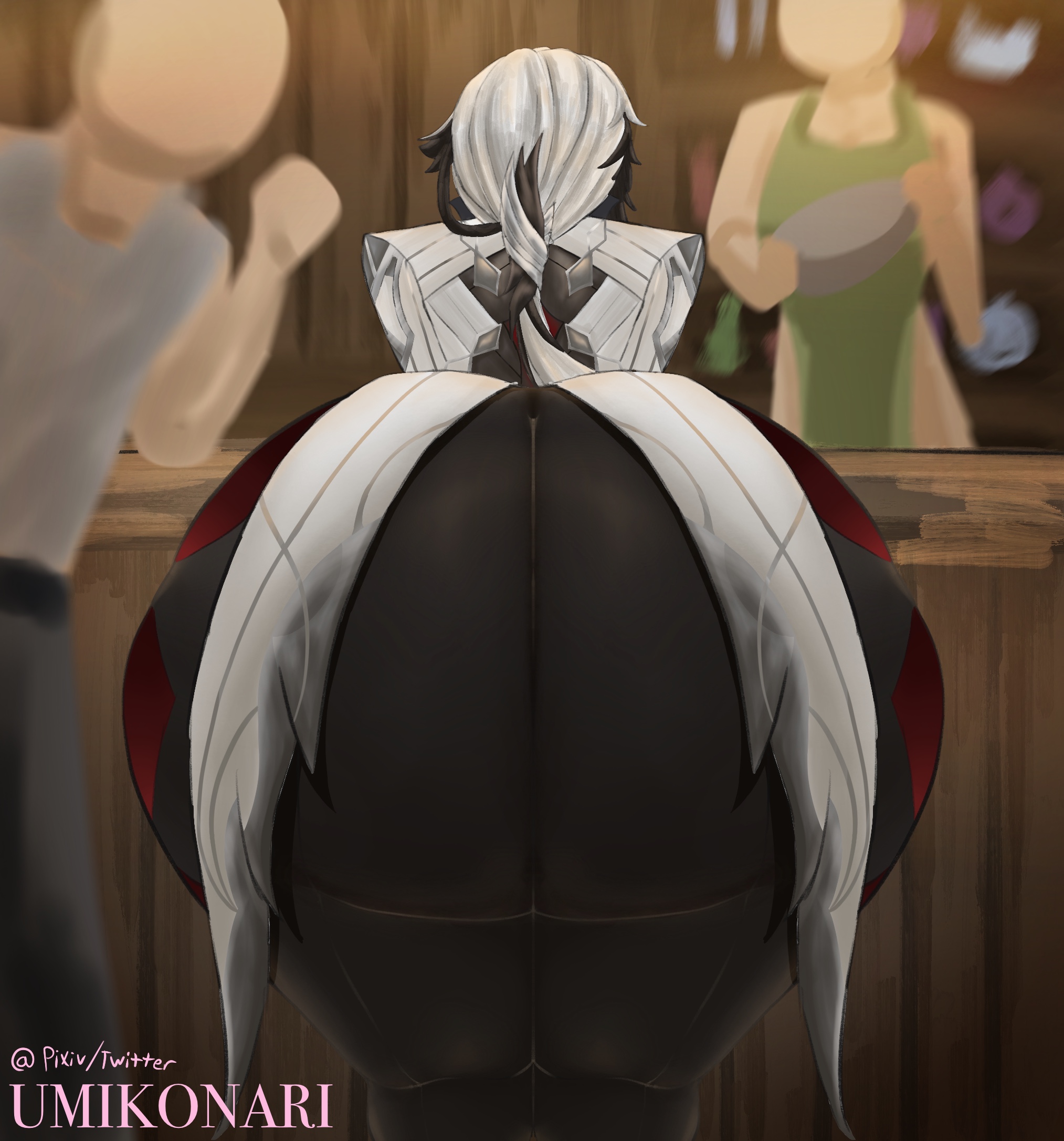 1girls, arlecchino (genshin impact), bent over, female, female only, genshin impact, gigantic ass, huge ass, human, hyper ass, pants, umikonari, wide hips