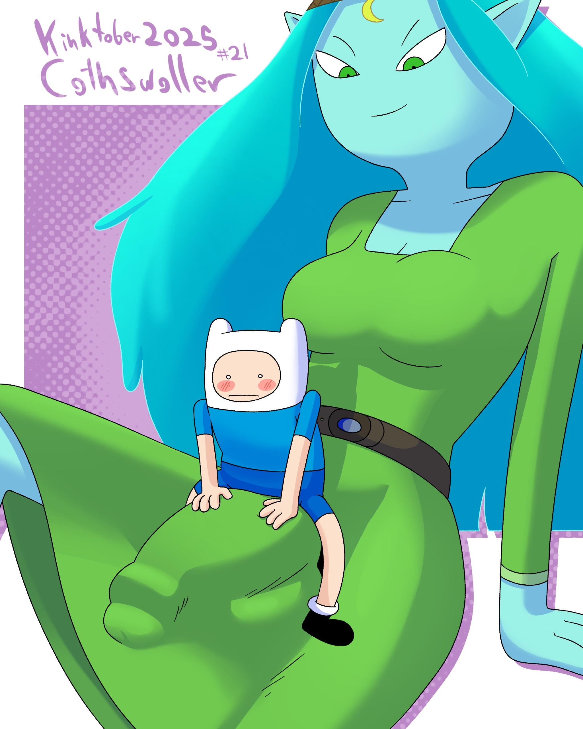 adventure time, balls, blush, bulge, bulge through clothing, bulge under clothes, canyon (adventure time), cothswoller, finn the human, futa giantess, futa on male, futa/male, futanari, giantess, giantess futa, hyper, hyper balls, hyper genitalia, hyper penis, intersex, male, male/futa, micro male, penis, sitting, sitting on penis, sitting on person, size difference, size play