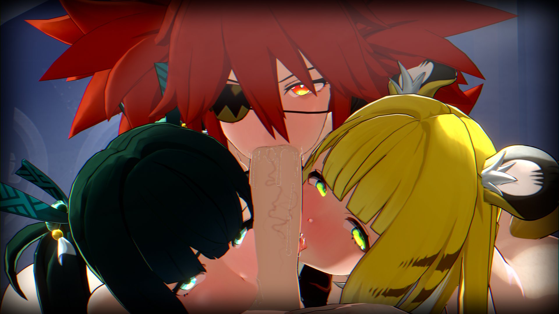 1boy, 3d, 3girl, age difference, blonde hair, blue eyes, blush, collaborative fellatio, fellatio, female, green eyes, green hair, hoyoverse, ju fufu, koleda belobog, licking penis, lustful gaze, male, mind broken, molestation, penis, pubsec, qingyi (zenless zone zero), red eyes, red hair, rougenine, tiger ears, tiger girl, unprofessional behavior, young, young female, zenless zone zero