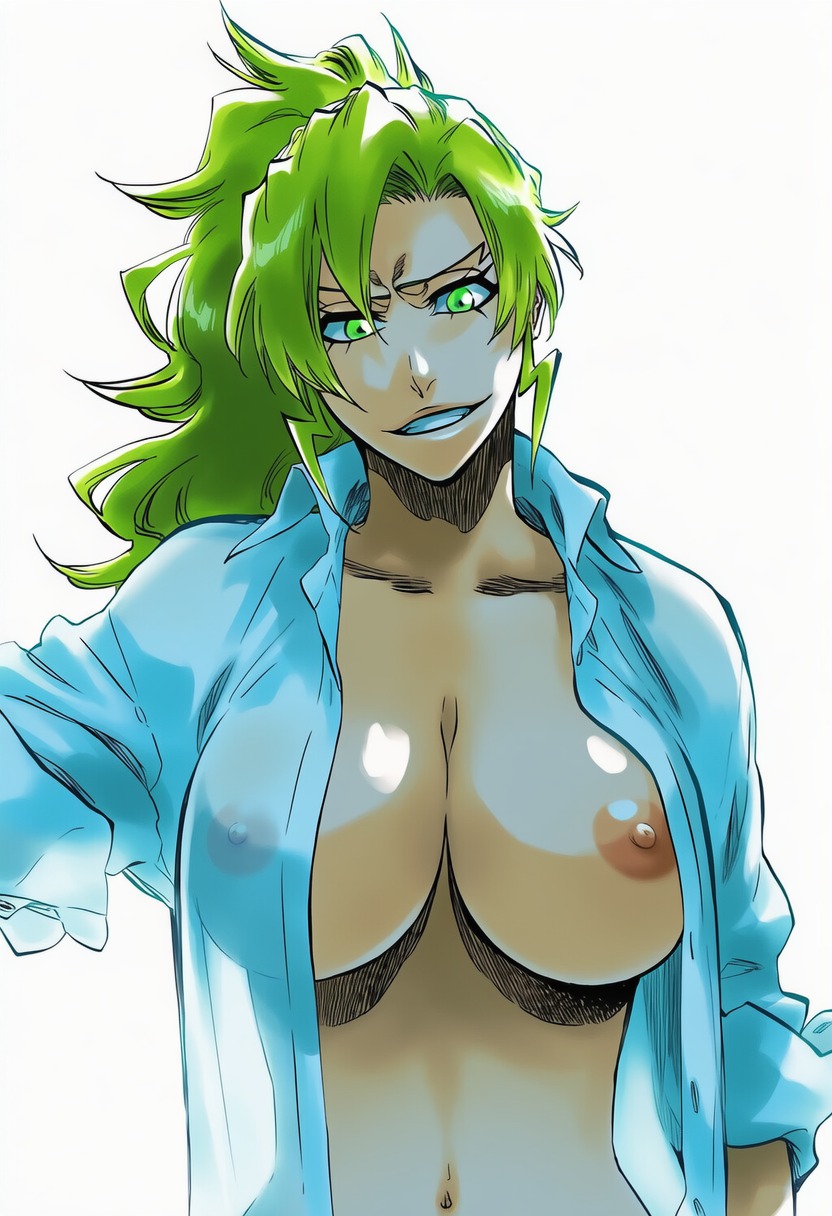 1girls, accurate art style, accurate body type, ai generated, areola, areolae, bare breasts, belly button, big breasts, bleach, breast focus, breasts, candice catnipp, cleavage, clothing, curvaceous, curvy, digital media (artwork), dress shirt, fanart, female, female focus, female only, green eyes, green hair, grin, highres, large breasts, light skin, light-skinned female, long hair, medium breasts, naked shirt, navel, nipples, no bra, open clothes, open shirt, ponytail, quincy (bleach), round breasts, see-through, see-through clothing, see-through silhouette, shiny hair, shiny skin, shirt, simple background, sleeves pushed up, sleeves rolled up, solo, solo female, solo focus, standing, sternritter, tite kubo style, topless, uncensored, upper body, white background, white shirt, ㅇㅇ