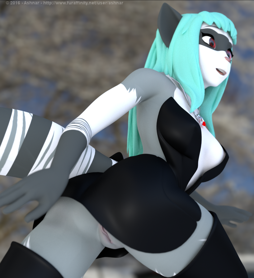 3d anthro ashnar ass breasts clothed clothing female furry legwear mammal open_mouth pussy raccoon solo thigh_highs